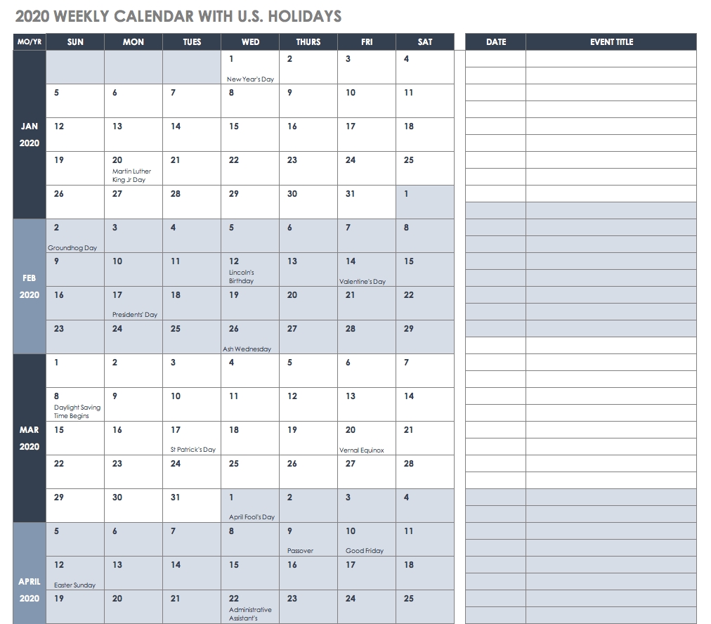 Free Excel Calendar Templates-2020 Monthly Calendar Smartsheet