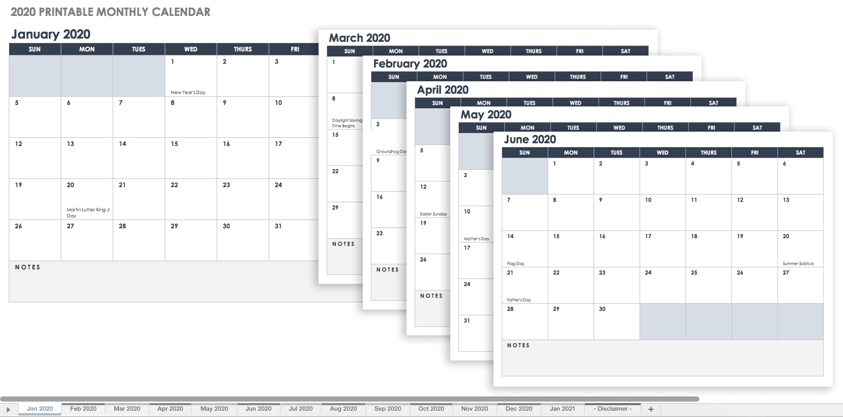 Free Excel Calendar Templates-Editable Printable Calendar 2020 Monthly Sunday Start