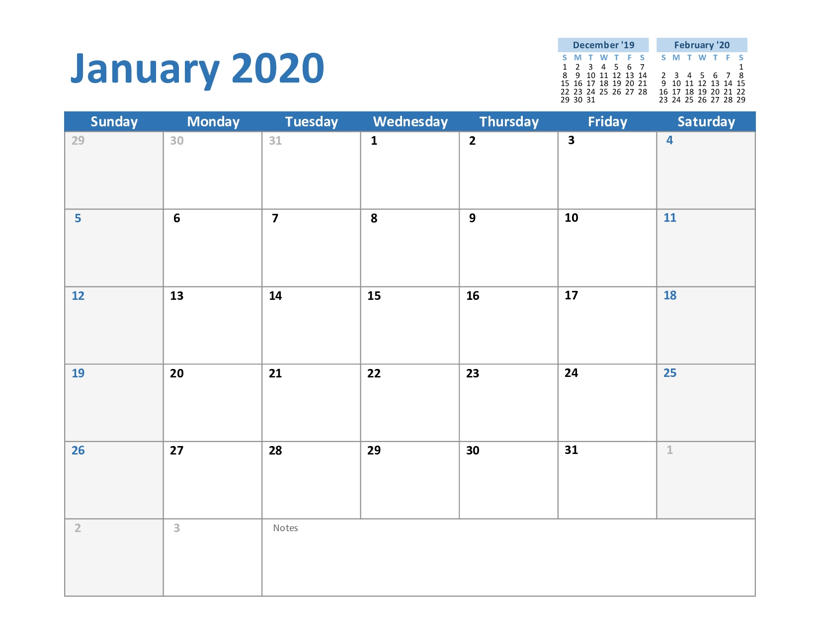 Free January Calendar 2020 Printable Template Blank In Pdf-Word Calendar Templates 2020