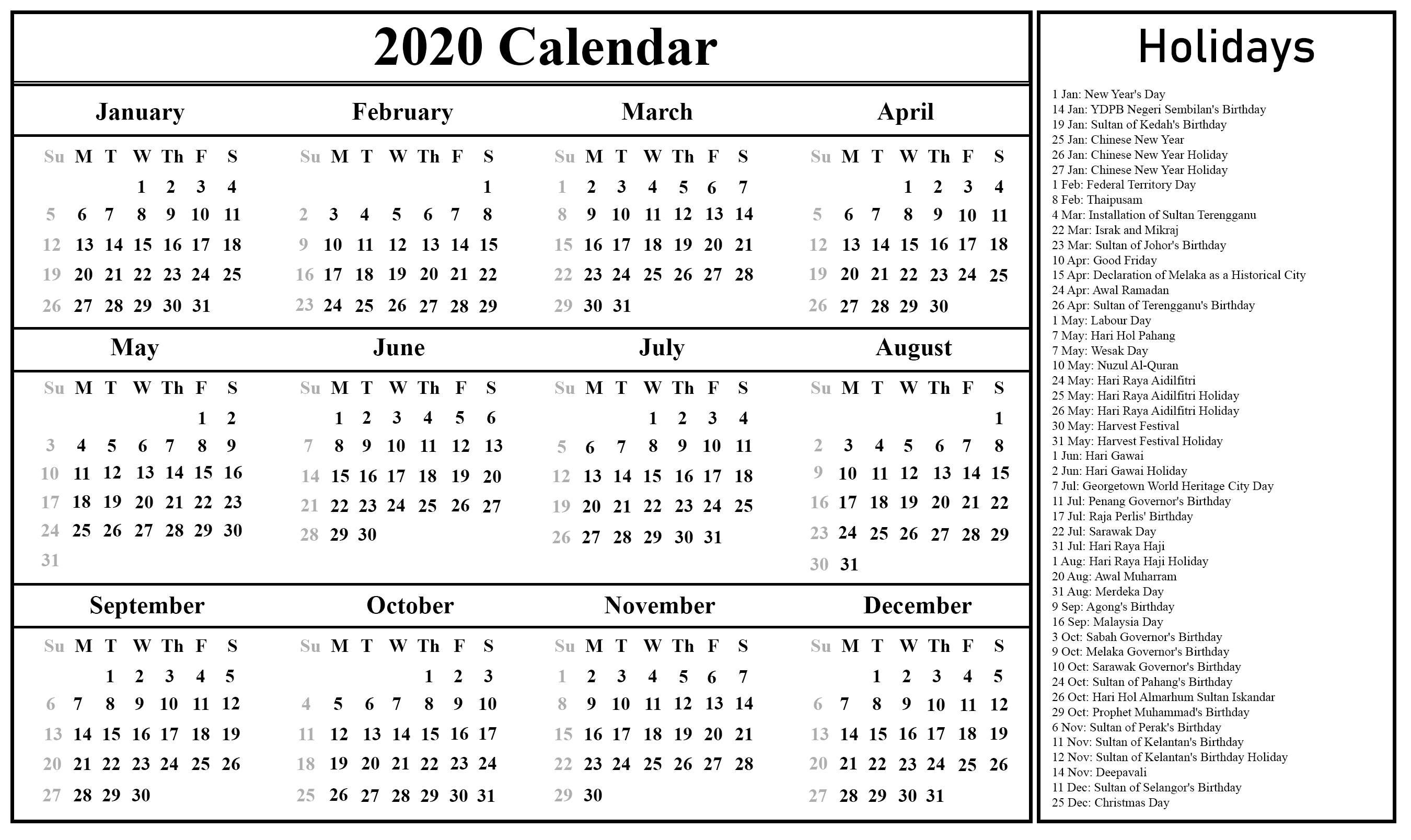Free Malaysia Calendar 2020 With Holidays {Pdf &amp; Excel-List Of Monthly Holidays 2020