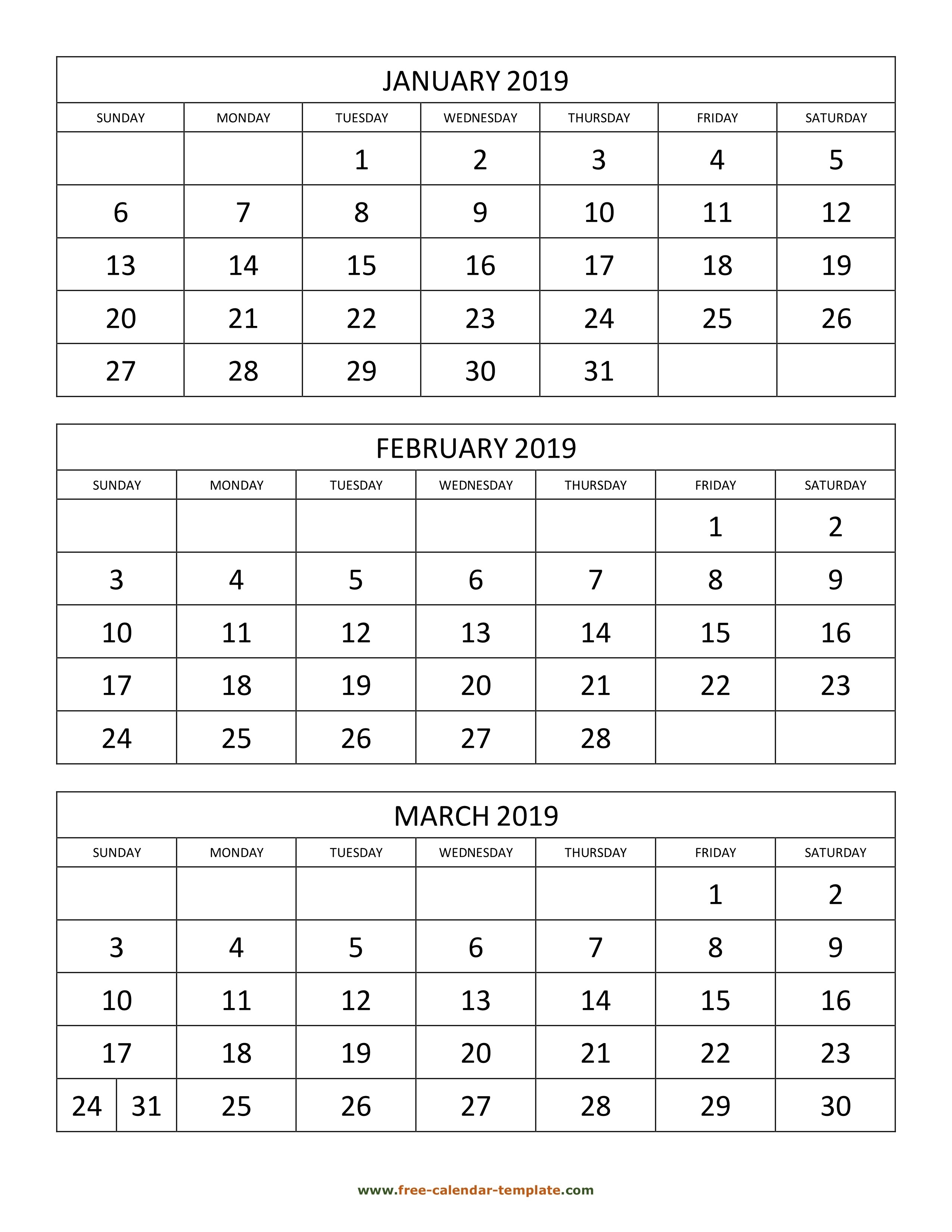 Free Monthly Calendar 2019, 3 Months Per Page (Vertical-12 Months To View Monthly Calendar
