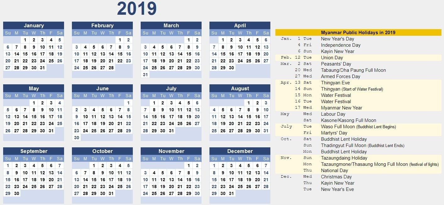 Free Myanmar Calendar 2019 Pdf, Excel, Word Template-Free Printable 4X6 Calendars 2020 Templates