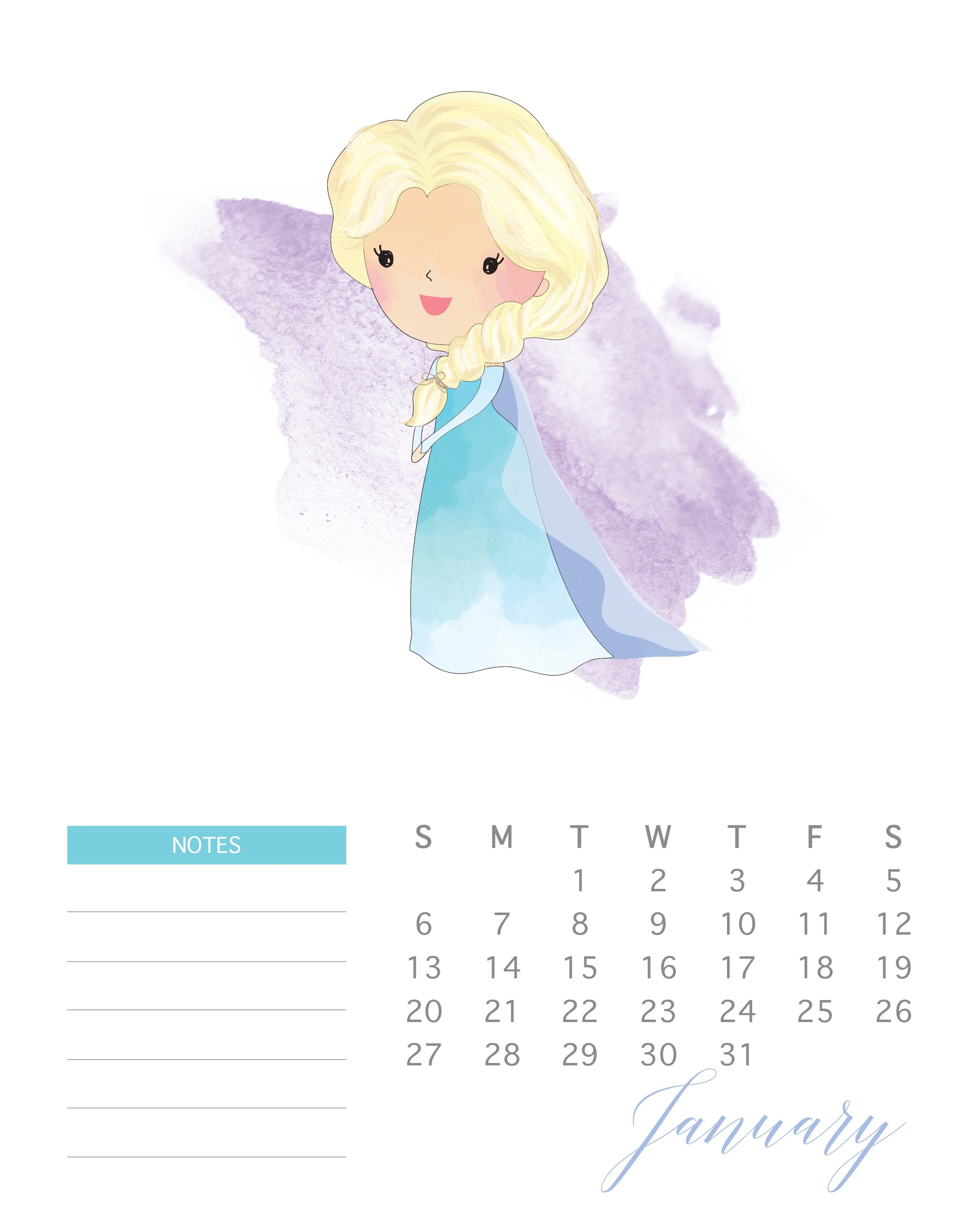 Free Printable 2019 Watercolor Princess Calendar - The-Disney Themed Printable Monthly Calendar