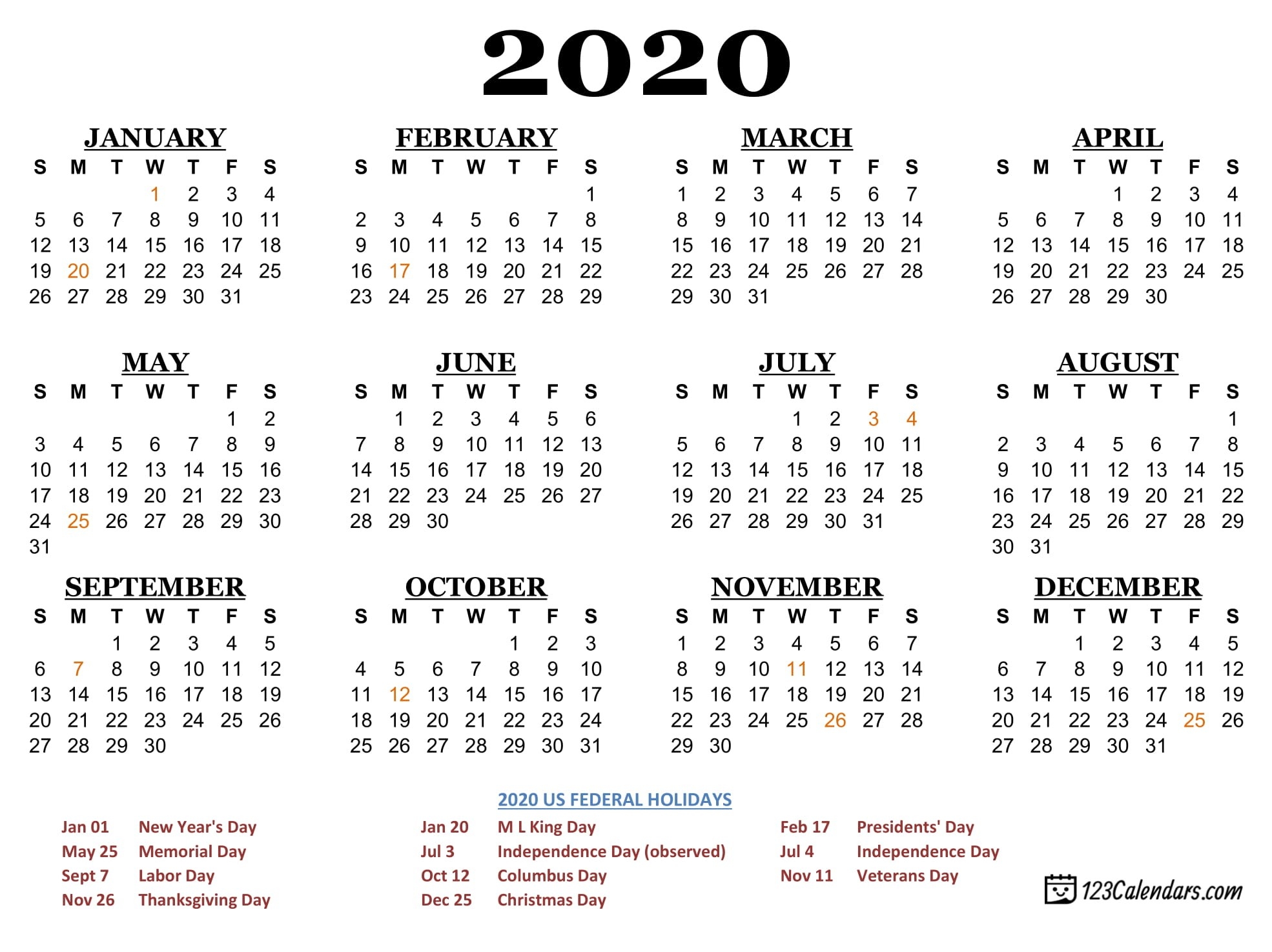 Free Printable 2020 Calendar | 123Calendars-2020 Calendar Us Holidays