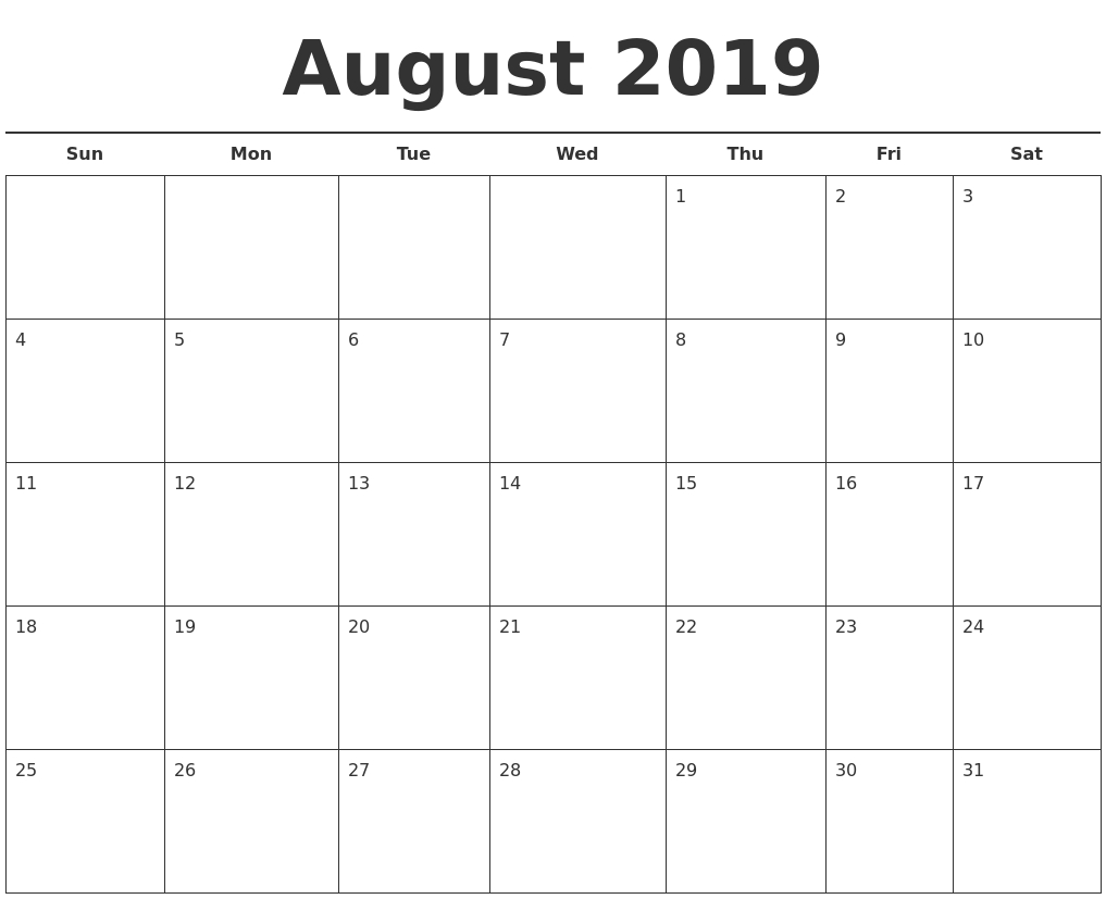 Free Printable August 2019 Calendar Landscape - Free-Free Calendar Template Printable 201