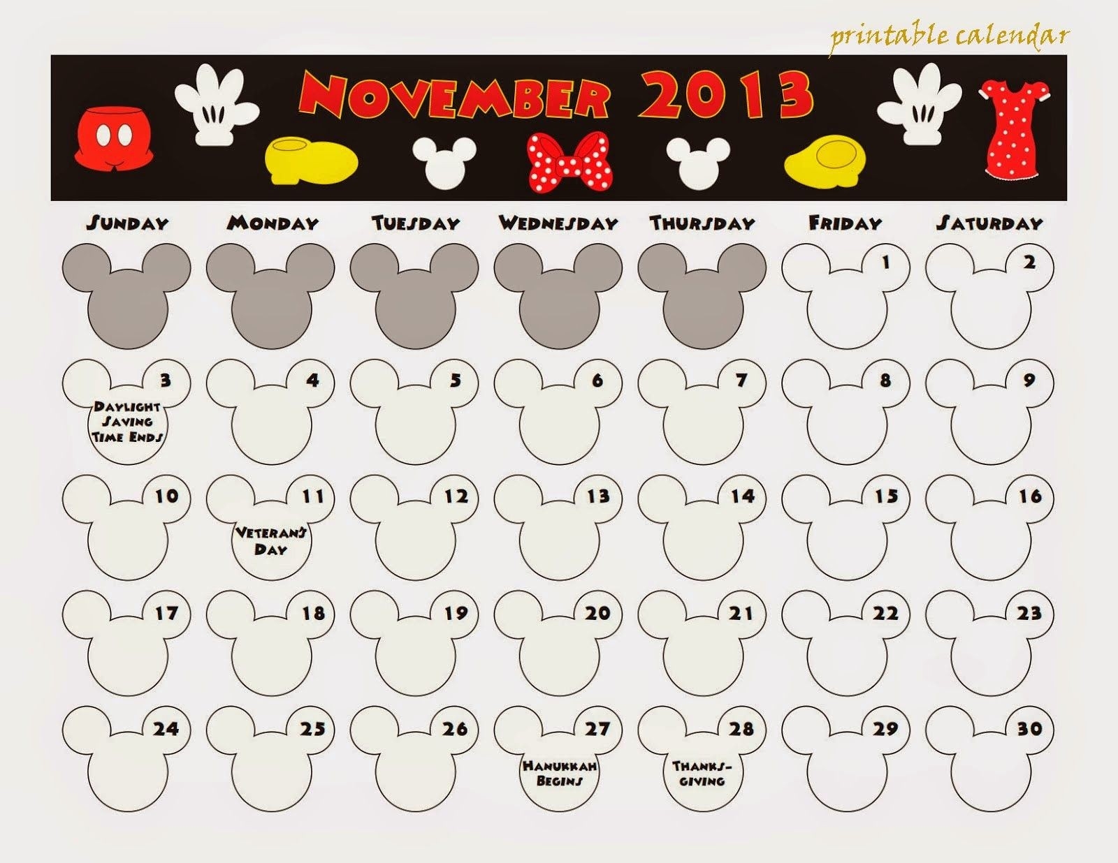 Free Printable Calendar: Free Printable Calendar November-Disney Themed Printable Monthly Calendar