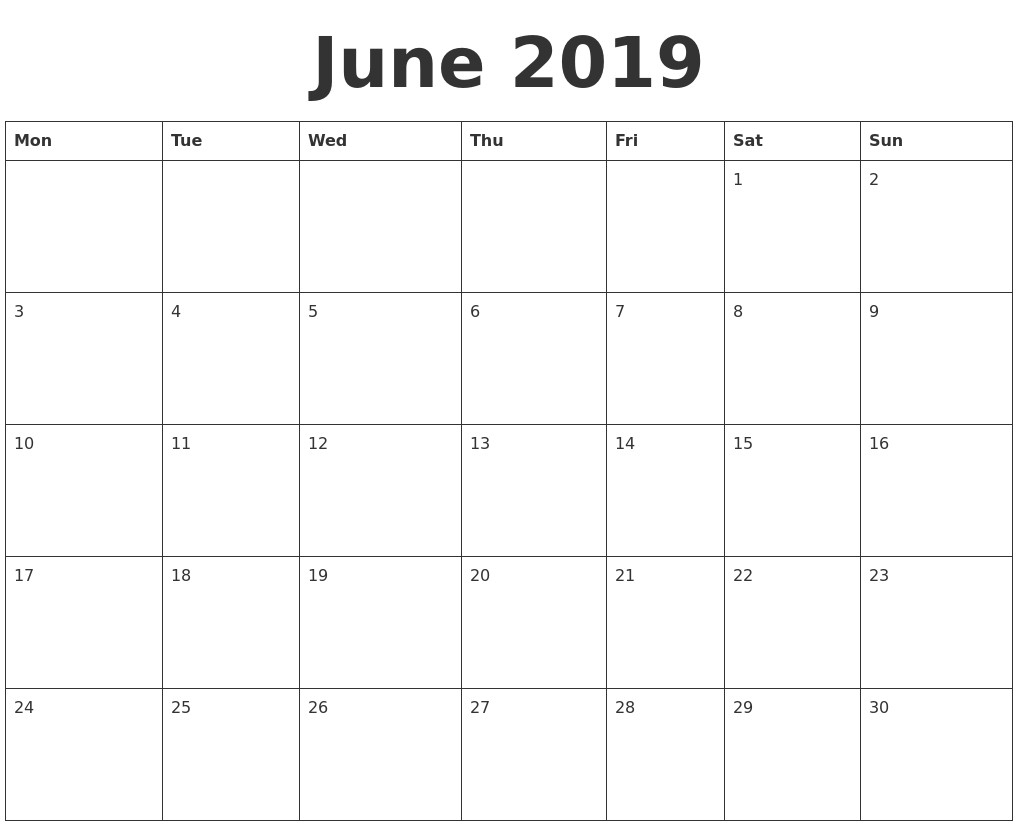 Free Printable Calendar June 2019 June 2019 Blank Calendar-Blank Calendar Starting With Monday