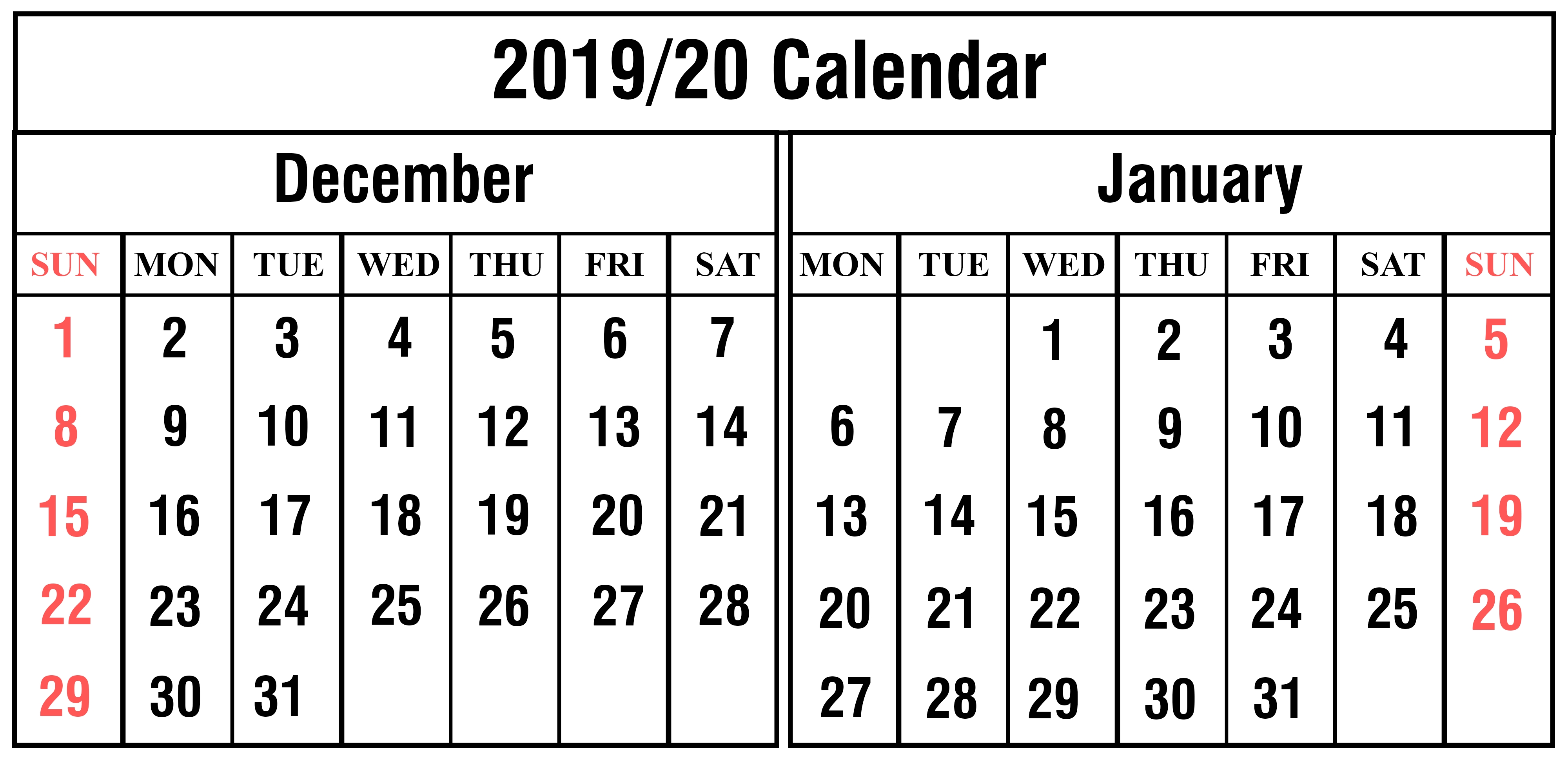 Free Printable December And January 2019-2020 Calendar-December January 2020 Calendar