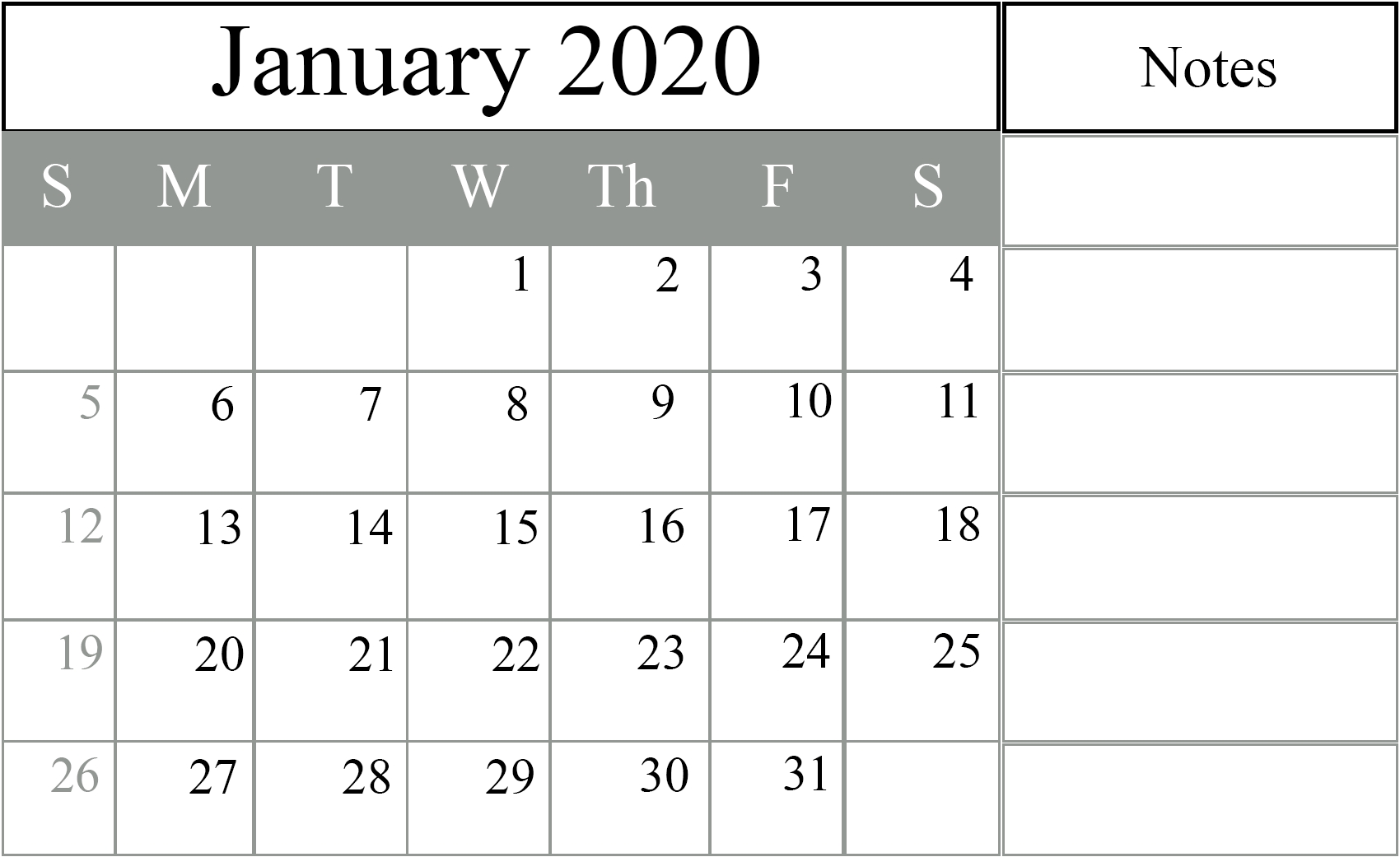 January 2020 Calendar Editable Calendar Template Printable