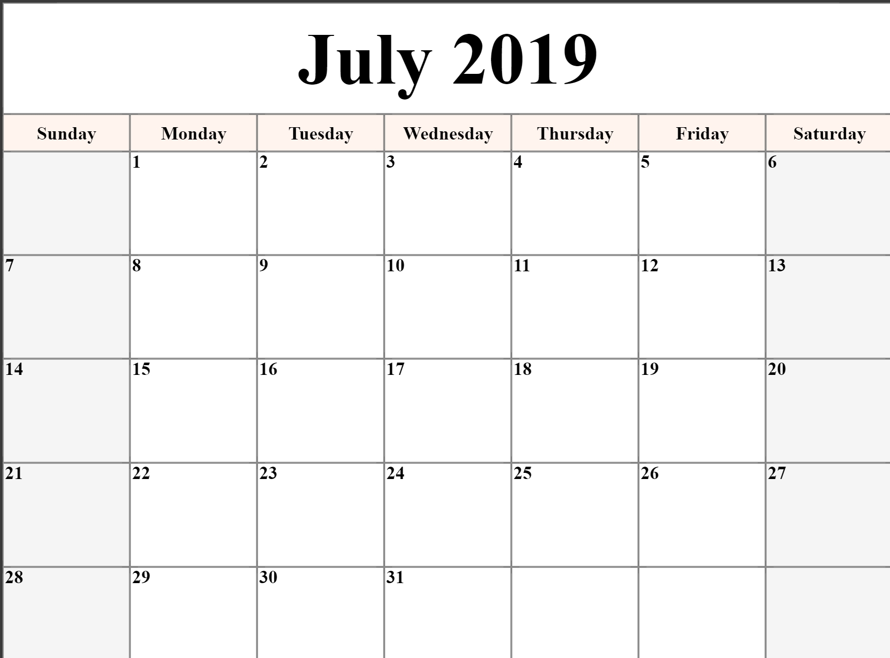 Free Printable July 2019 Blank Calendar Desk | Free-Blank Calender 31 Days