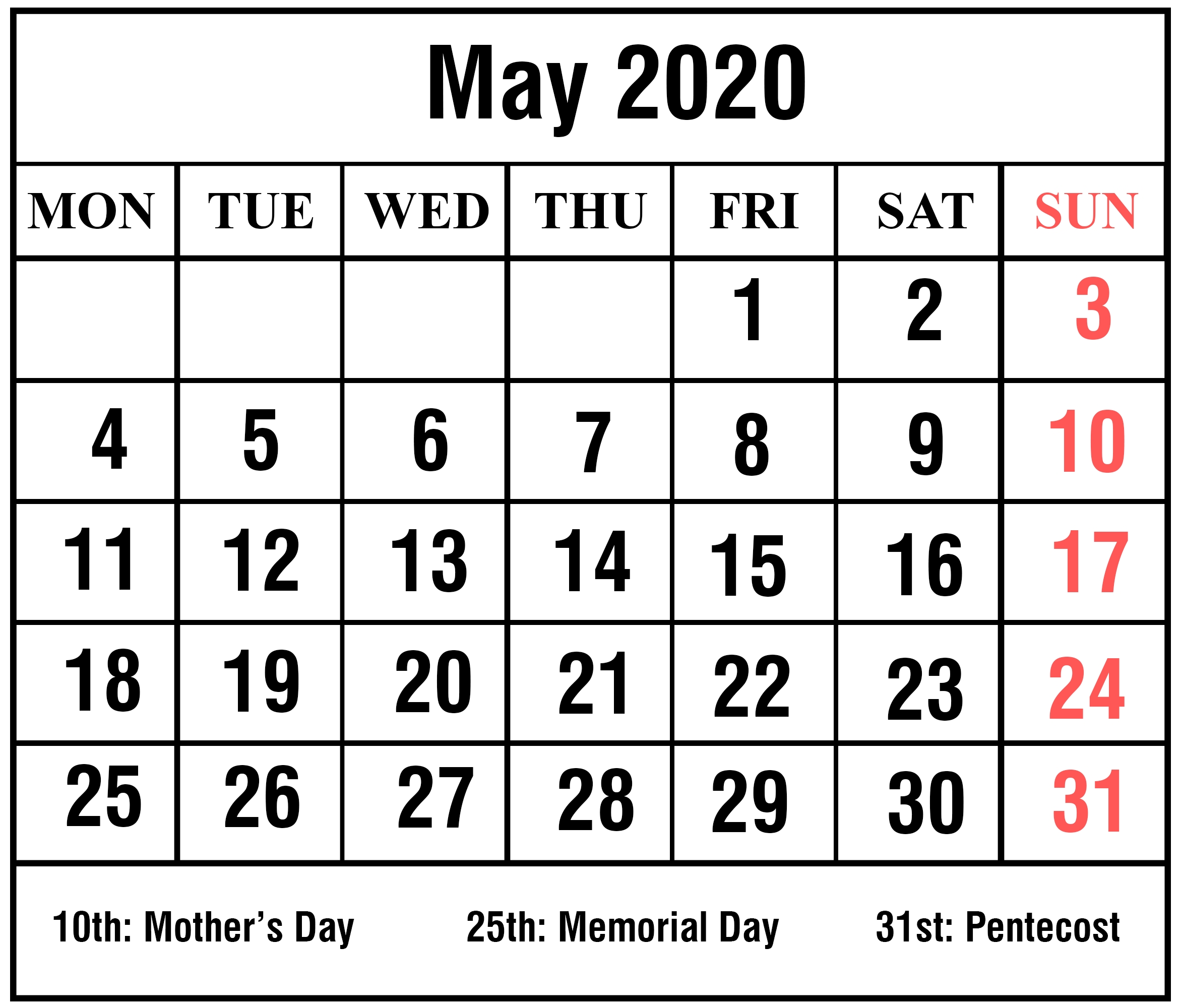 Free Printable May 2020 Calendar Templates [Pdf,word,excel-Blank 5 Day Calendar 2020