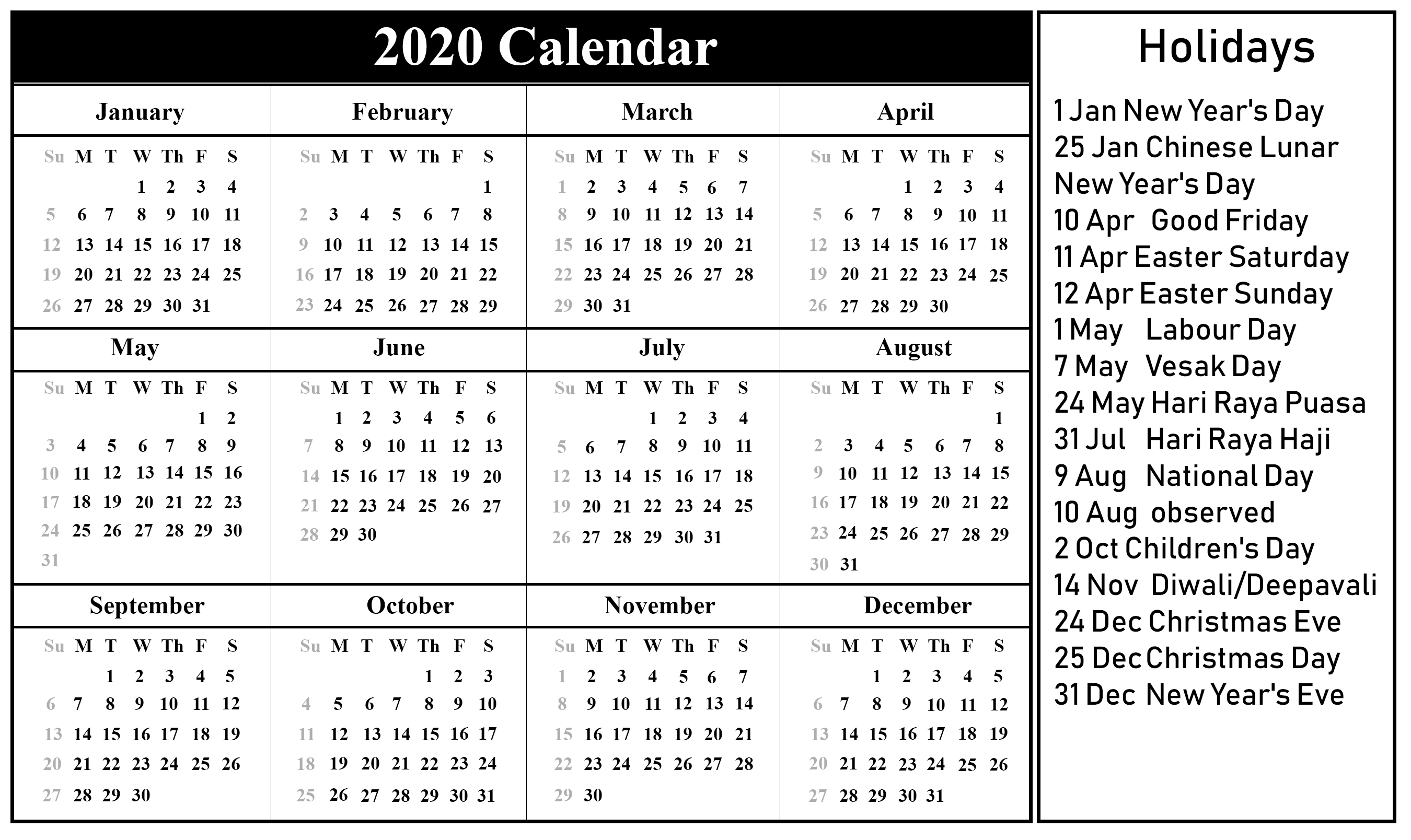 Free Printable Singapore 2020 Calendar With Holidays In Pdf-National Food Holidays 2020 Printable