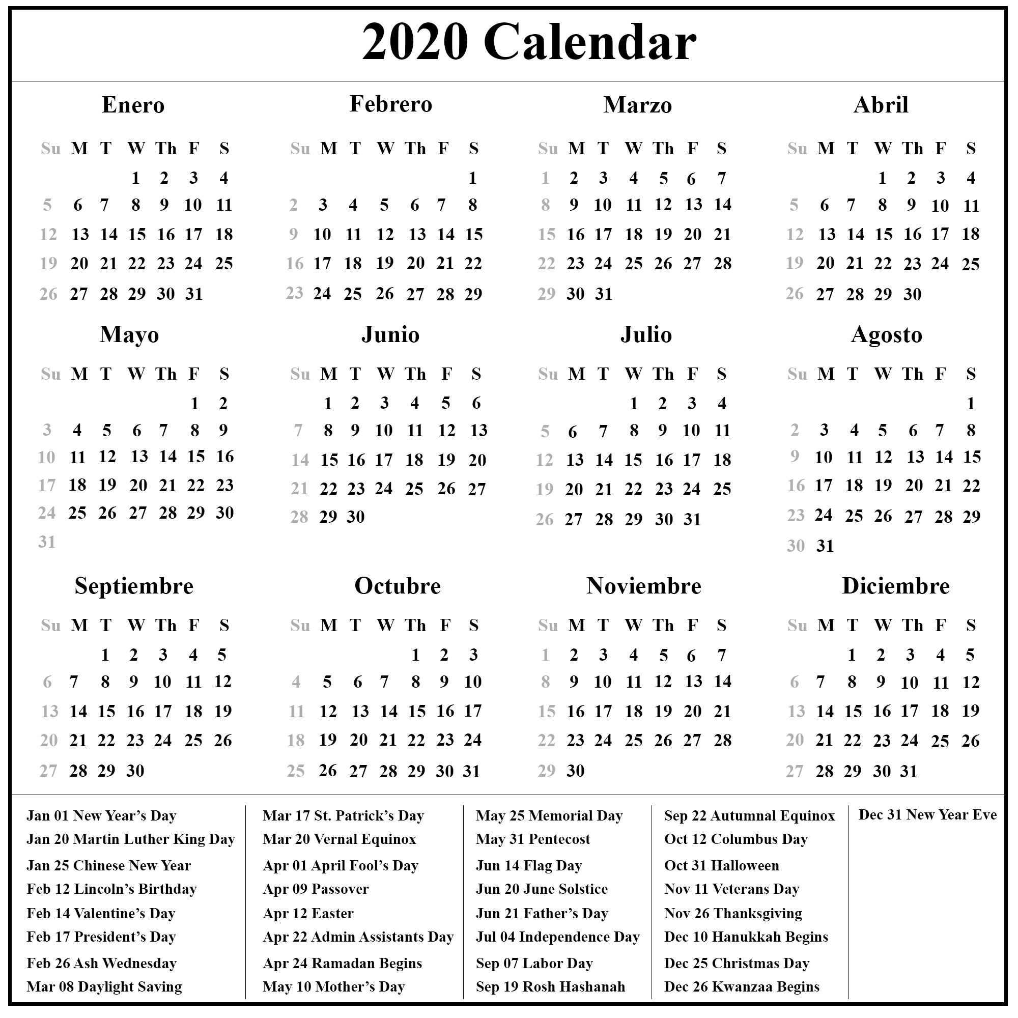 Free Printable Spanish Calendar 2020 | 2020 Calendario-Printable Jewish Holidays 2020-2020