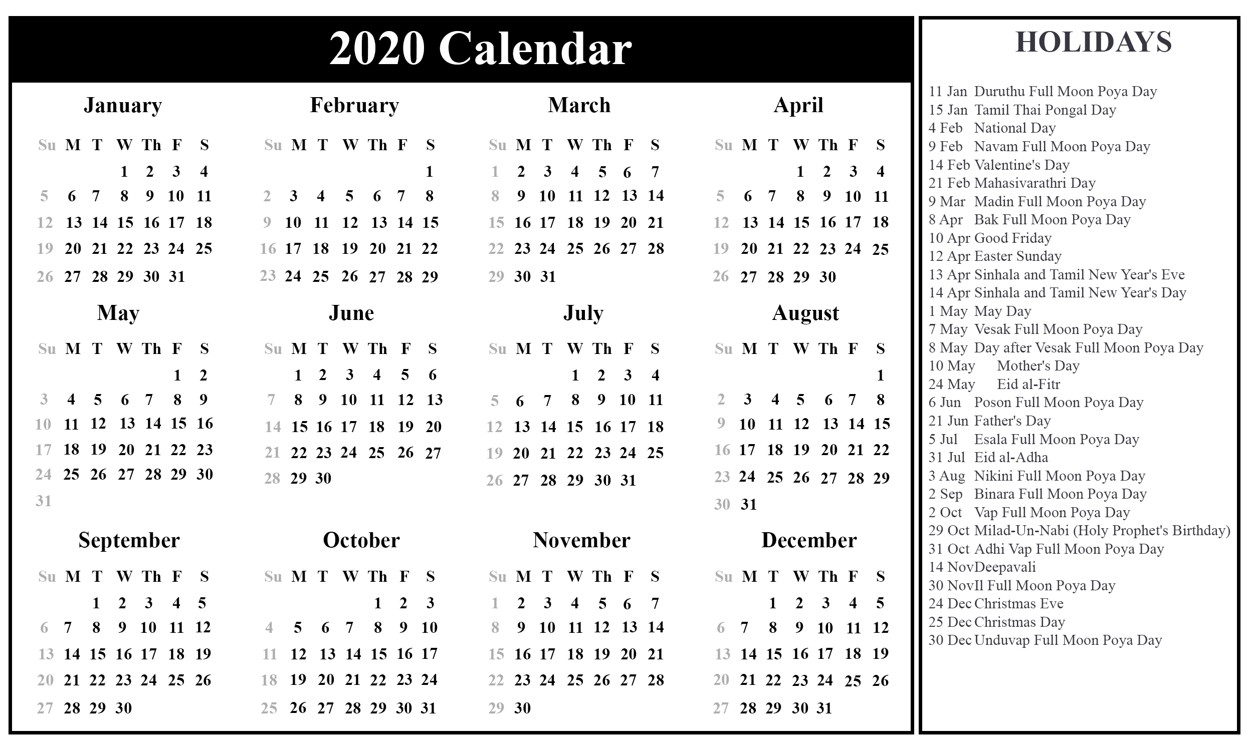 Free Printable Sri Lanka Calendar 2020 With Holidays In Pdf-2020 Calendar Photo Holidays