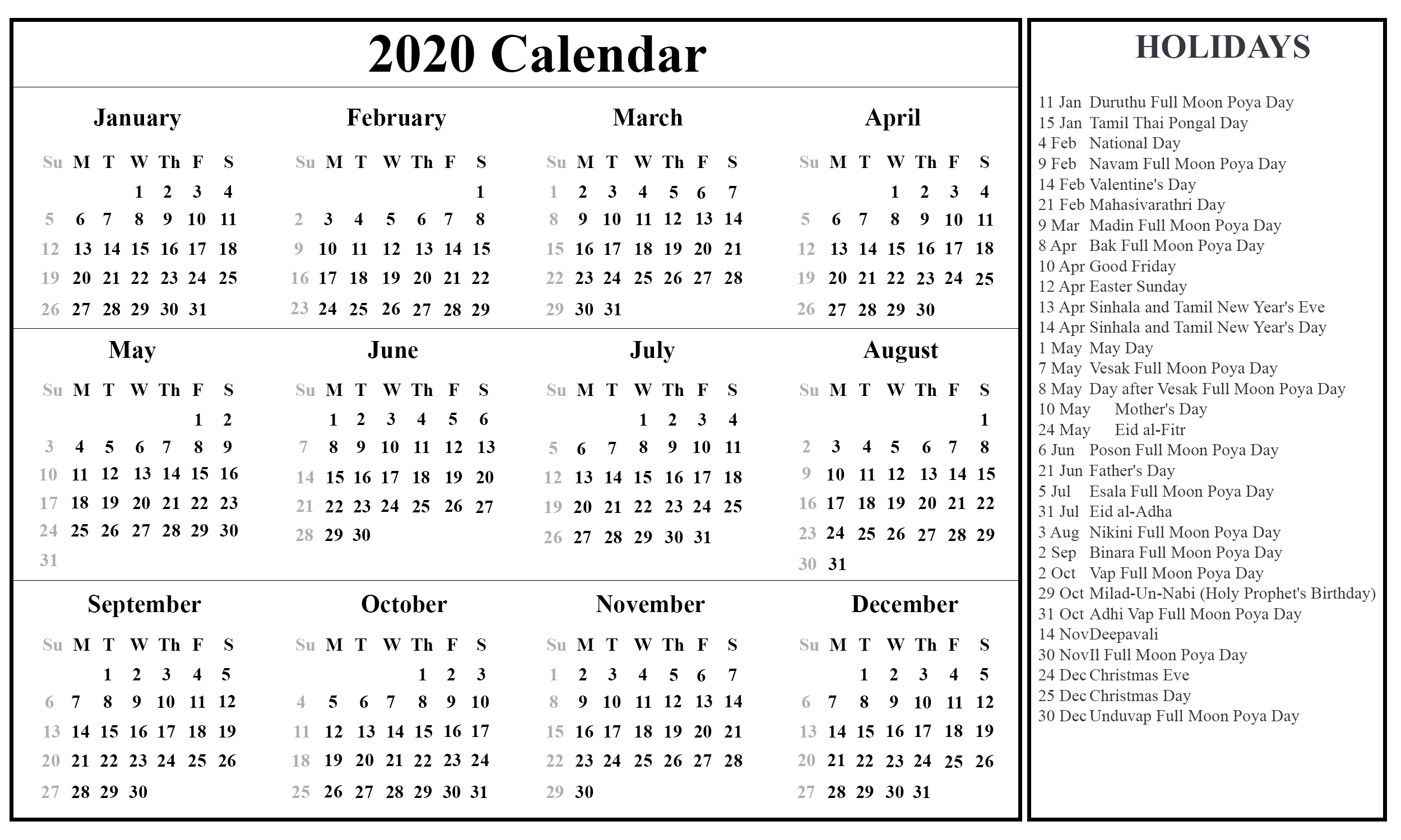 Free Printable Sri Lanka Calendar 2020 With Holidays In Pdf-2020 Calendar With Islamic Holidays