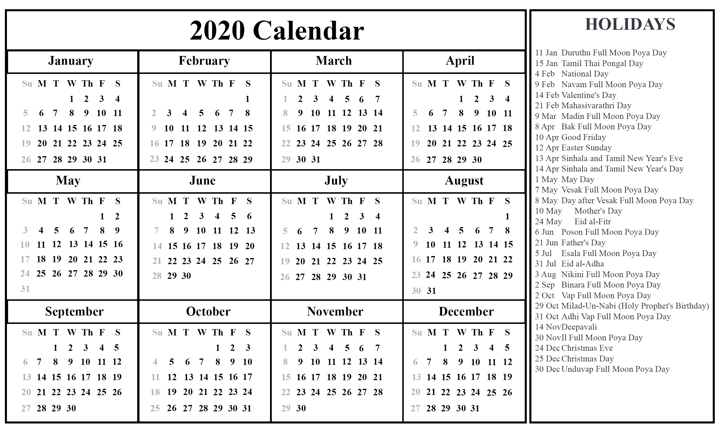 Free Printable Sri Lanka Calendar 2020 With Holidays In Pdf-2020 January Calendar Sri Lanka