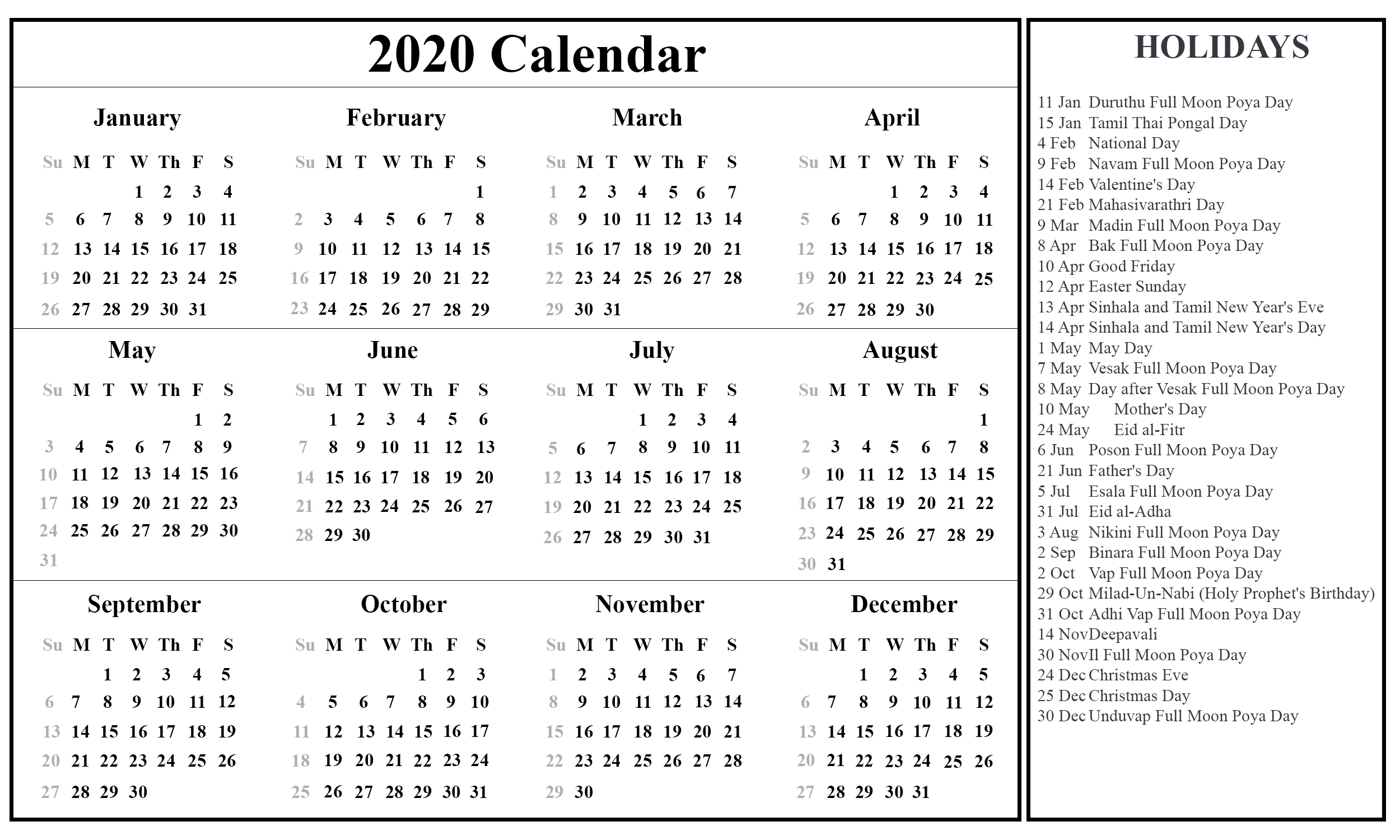 Free Printable Sri Lanka Calendar 2020 With Holidays In Pdf-January 2020 Hijri Calendar