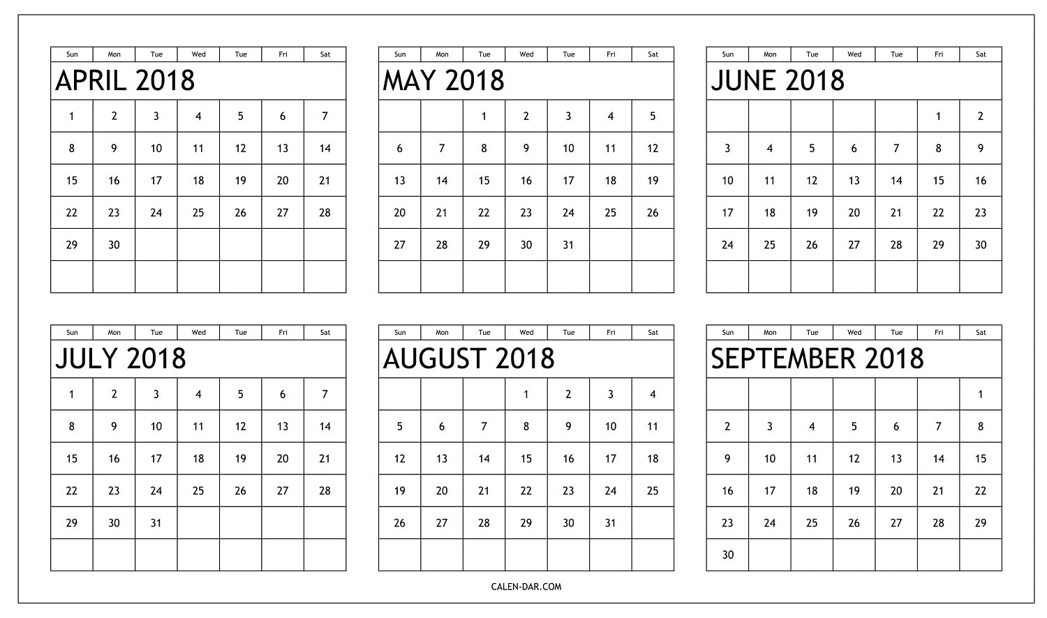 Free Six Month 2018 Calendar April To September Printable-Calendar Template Six Months Printable Free