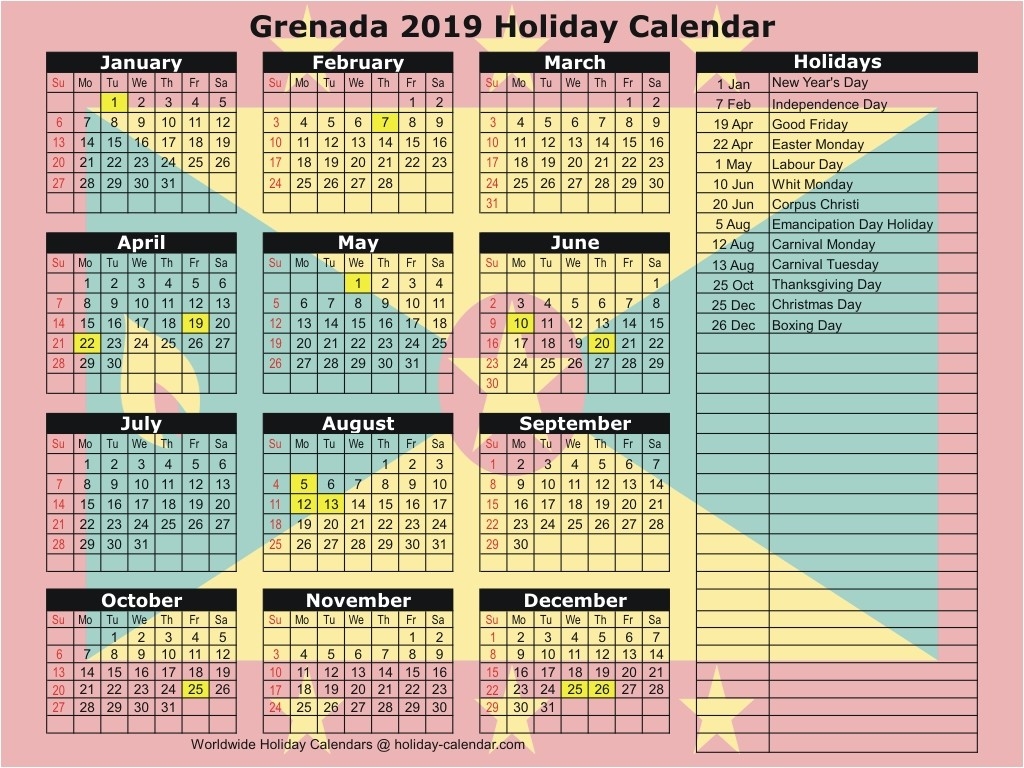 All The Holidays In Grenada 2020 Calendar Template Printable