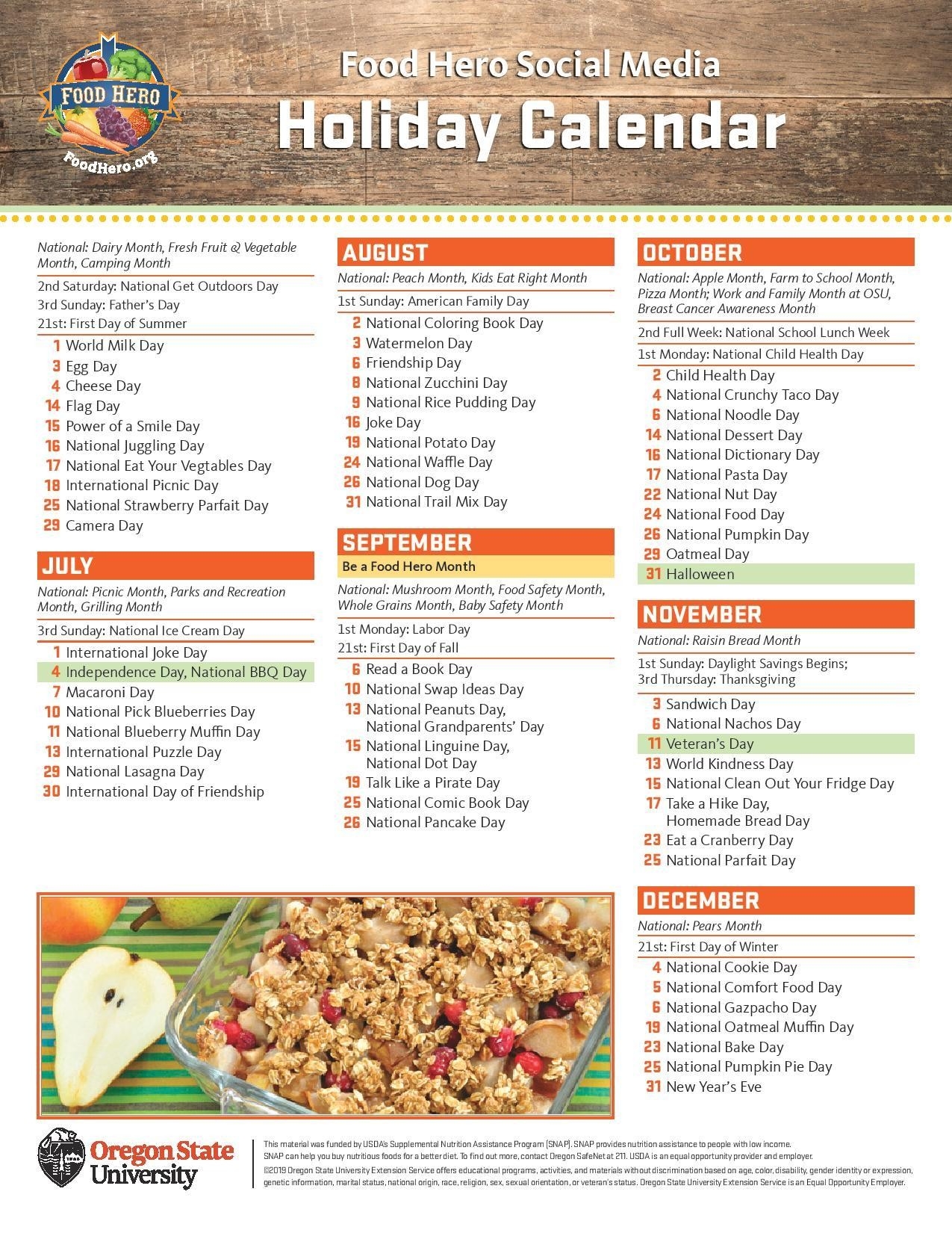 Calendar Of Food Holidays Calendar Template Printable