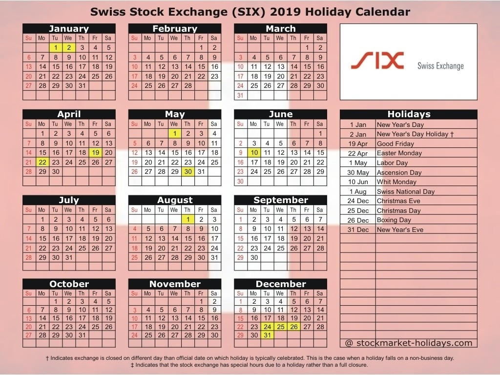 Bank Holidays In Zurich Calendar Template Printable