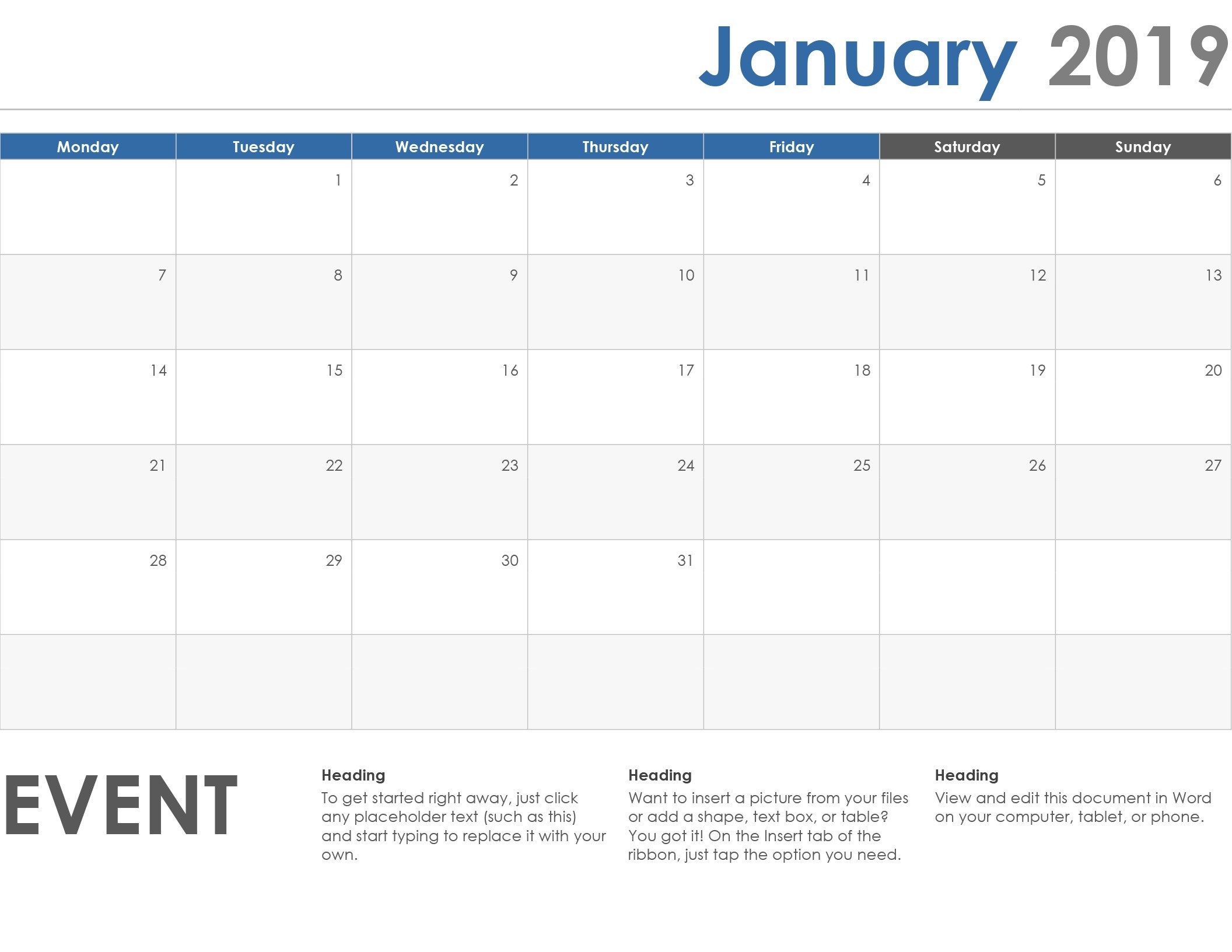 Monday To Sunday Weekly Planner Template Word | Calendar Template Printable