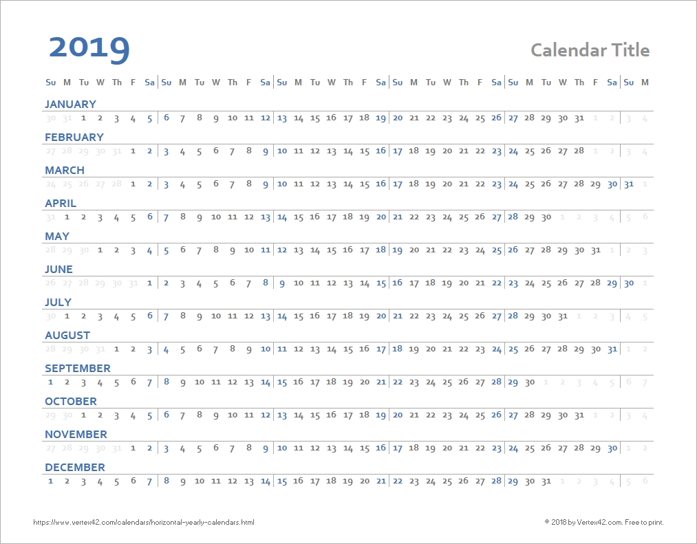 Horizontal Yearly Calendar Templates-Calendar Templates By Vertex42.com