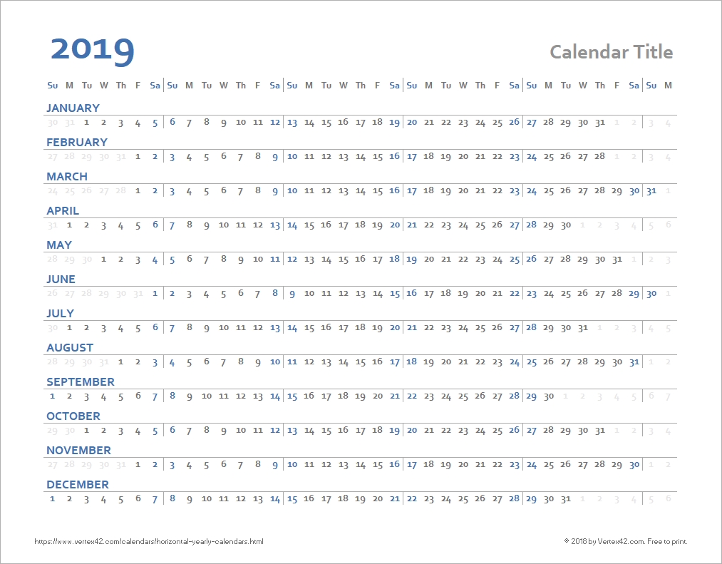 Horizontal Yearly Calendar Templates-Calendar Templates By Vertex42
