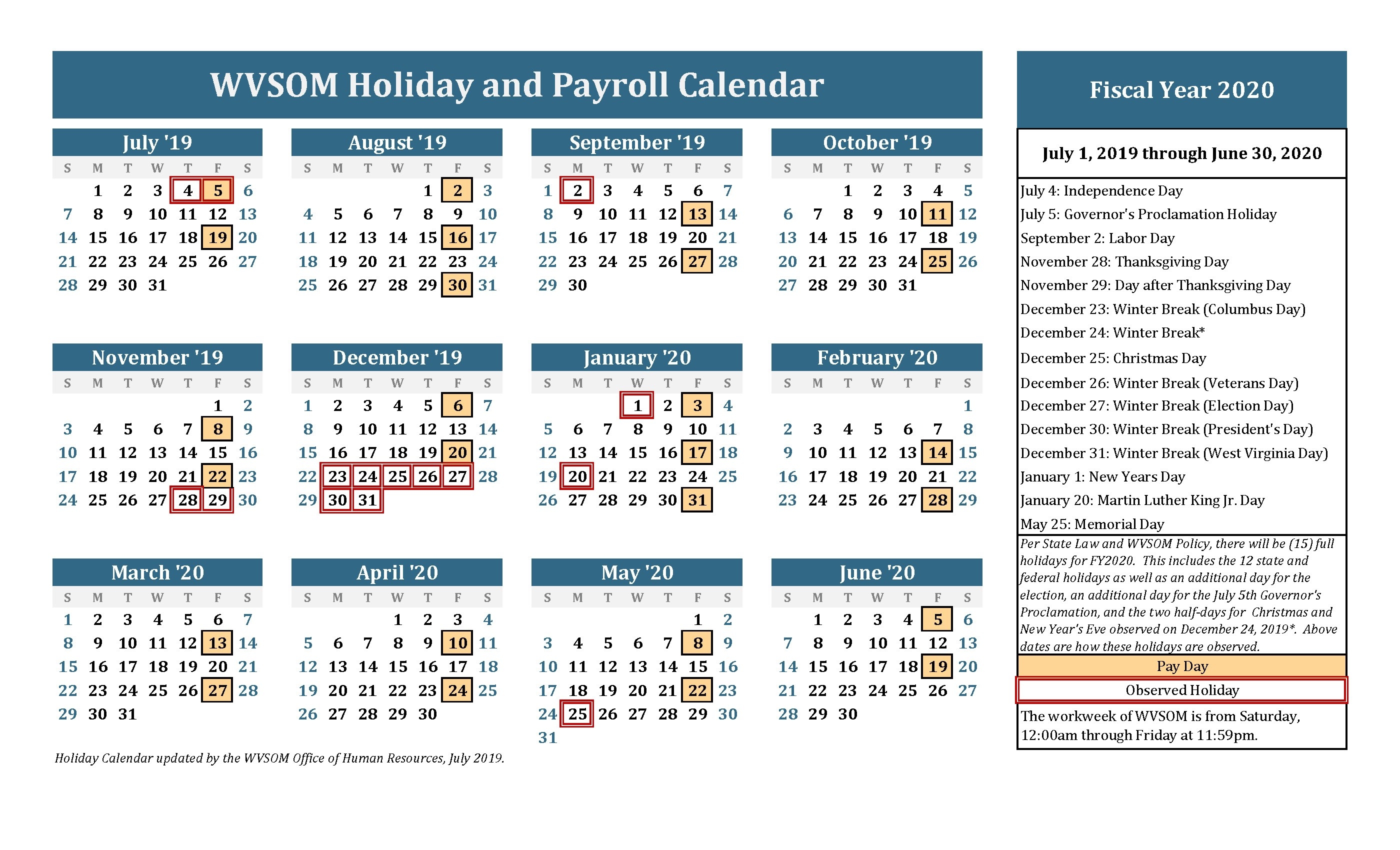 Human Resources - Holiday Calendar | West Virginia School Of-Monthly Health Awareness Calendar 2020