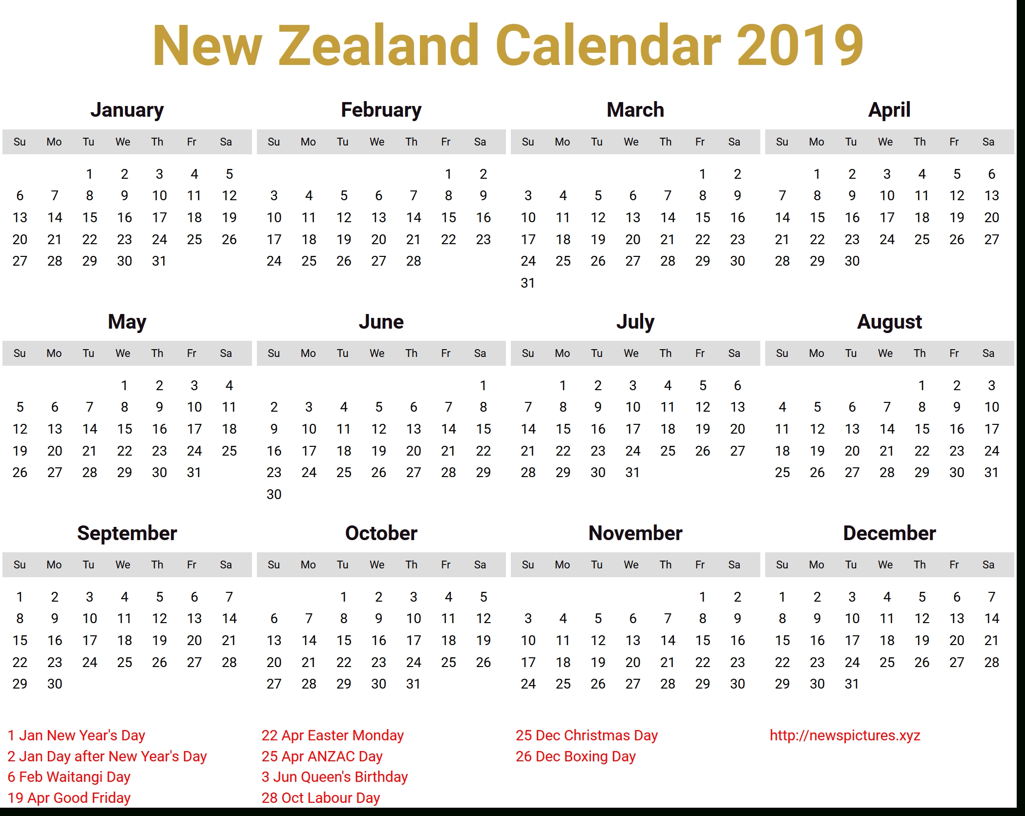 Image For New Zealand Calendar 2019 Download | Bear-Six Monthly New Zealand Calendars