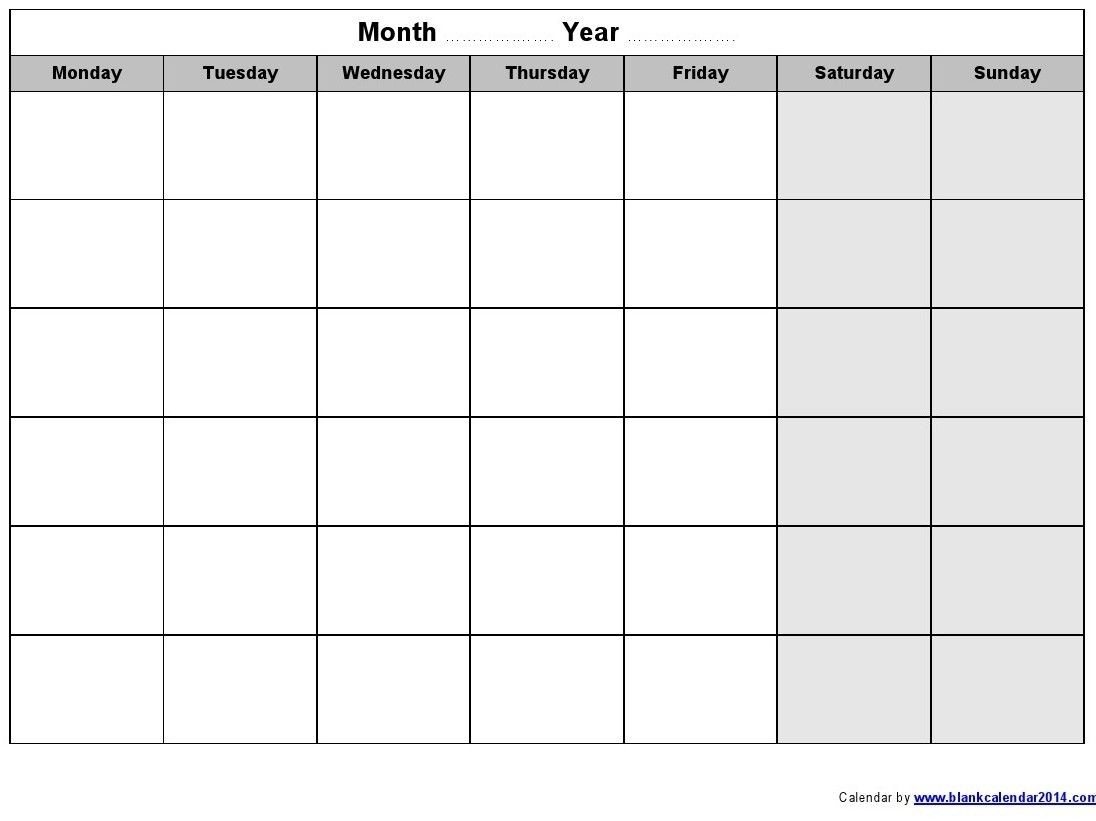 Monday To Friday Monthly Calendar Template Calendar Template Printable