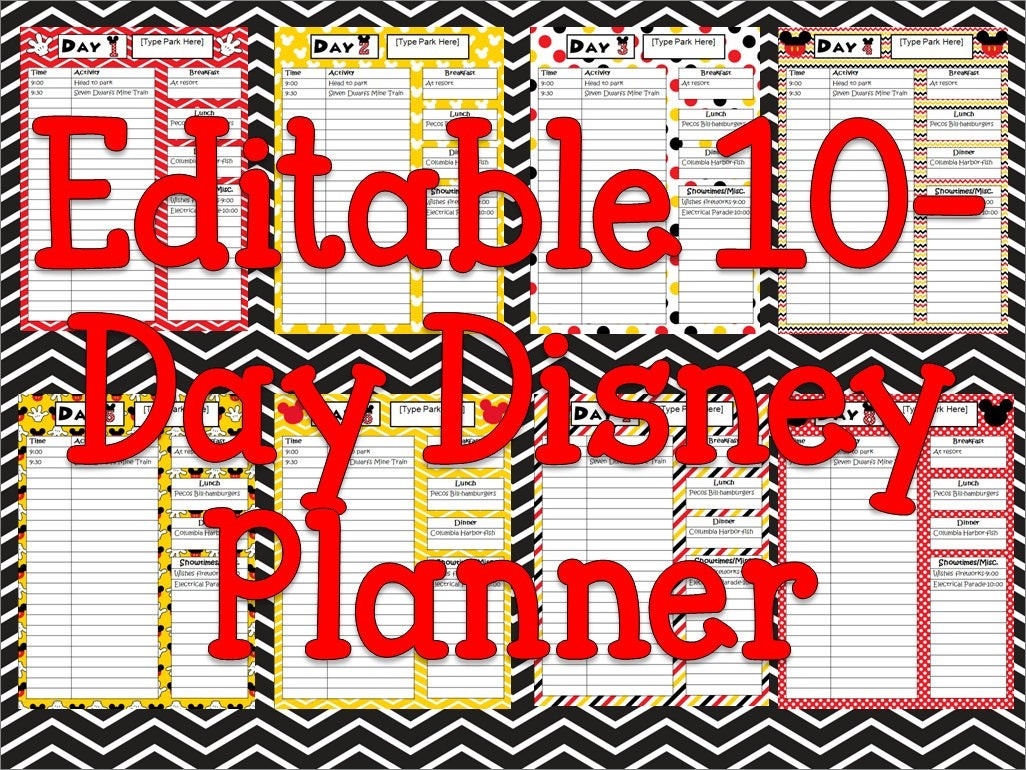 Instant Download Editable Disney Planner, Agenda, Itinerary-Fillable Itinerary Template Disney