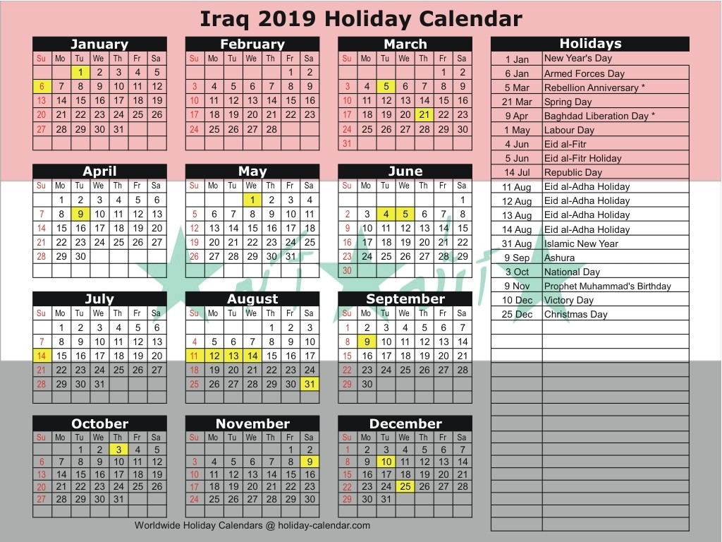 Iraq 2019 / 2020 Holiday Calendar-2020 Calendar With Islamic Holidays