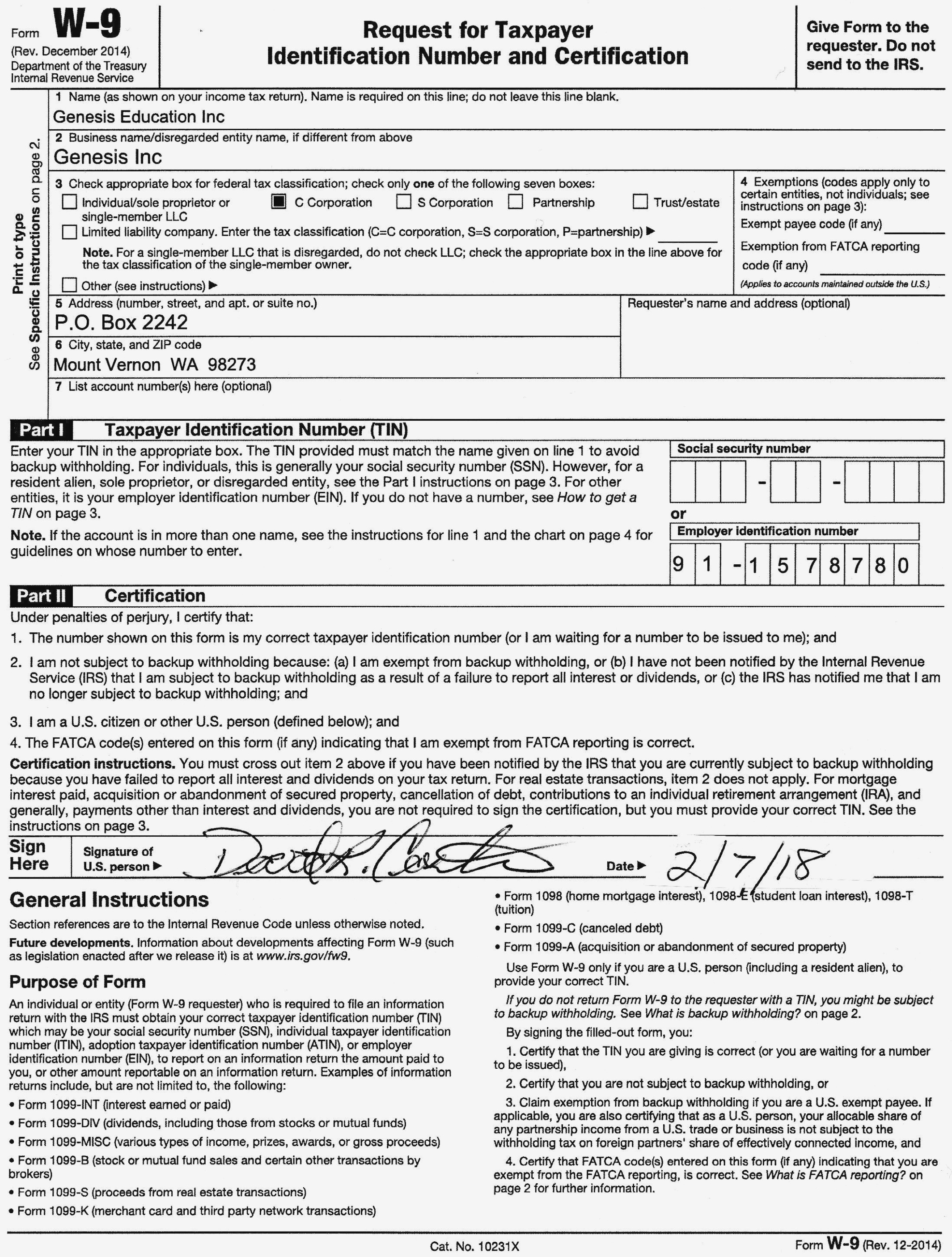 Irs Form W 9/tax Id Information 9 Tax Instructions 10-Print Blank W9 Form