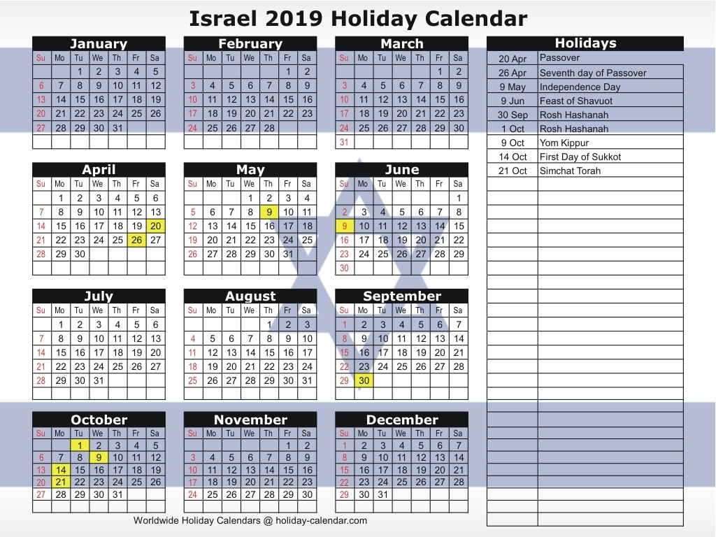 Israel 2019 / 2020 Holiday Calendar-Calendar 2020 Jewish Holidays