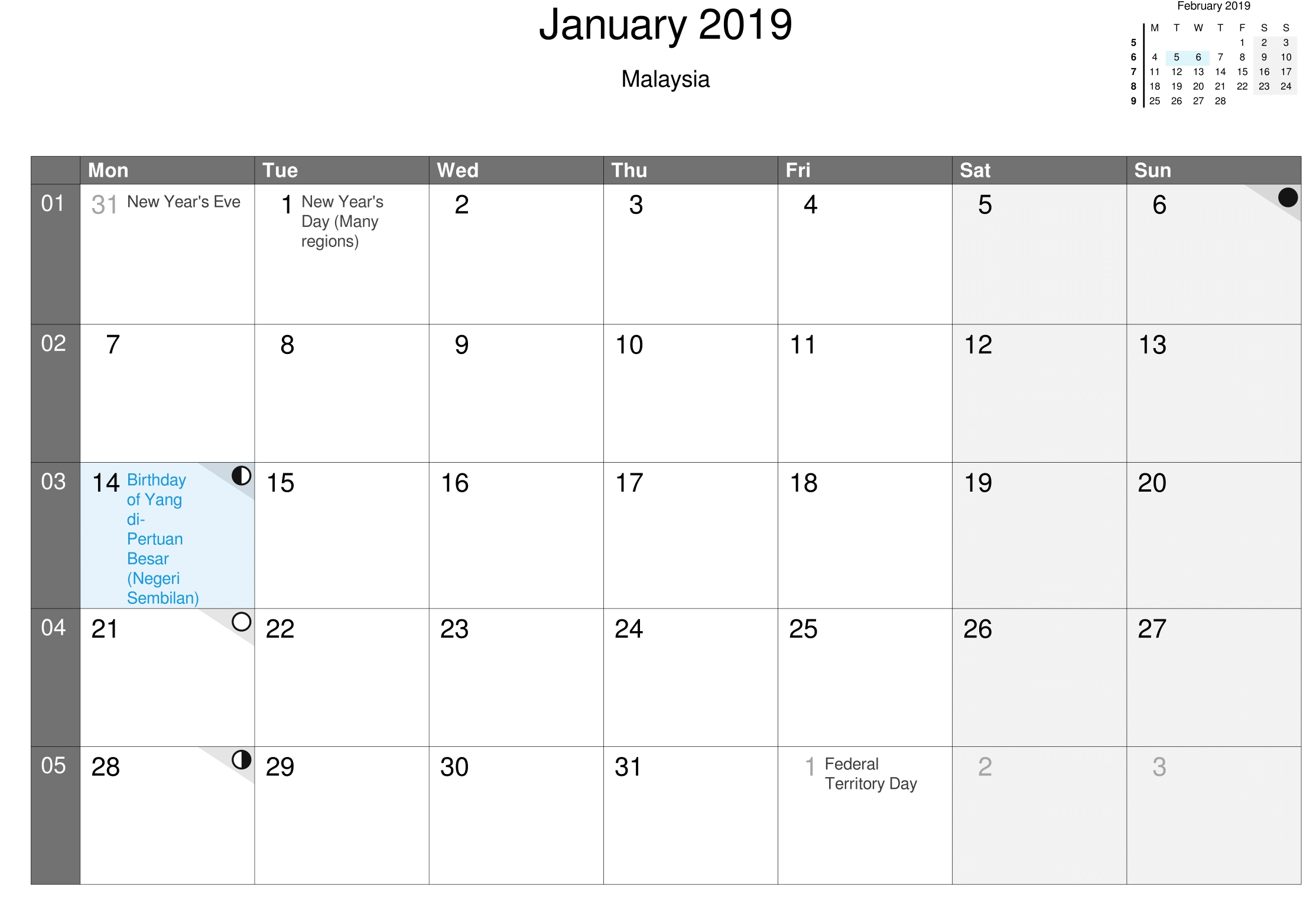 Jan 2019 Calendar Malaysia Printable-Calendar Excel Template With Malaysia Holiday