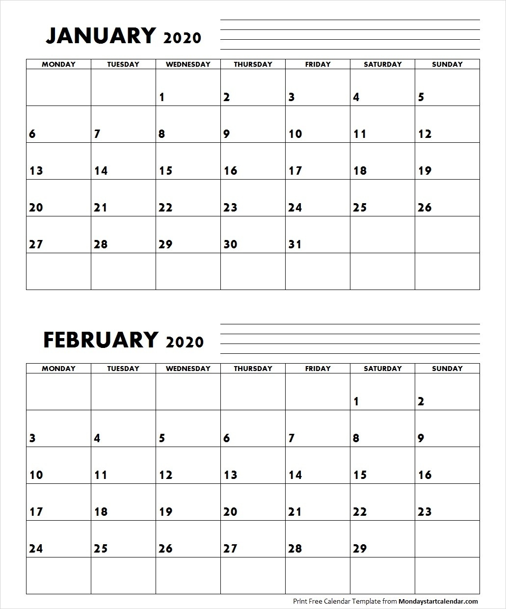 Jan Feb 2020 Calendar Monday Start | Editable Two Months-January And Feb 2020 Calendar