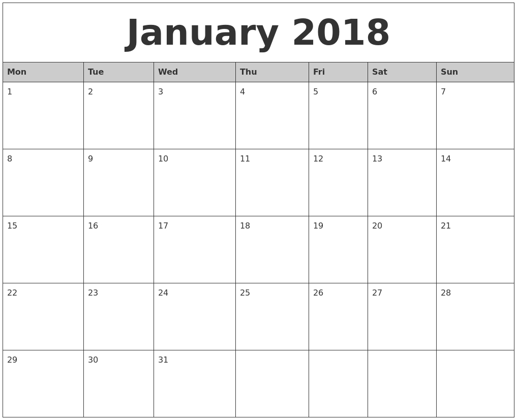 January-2018-Monthly-Calendar-Printable-Monday-Start - Eco-Monthly Calendar Starting With Monday