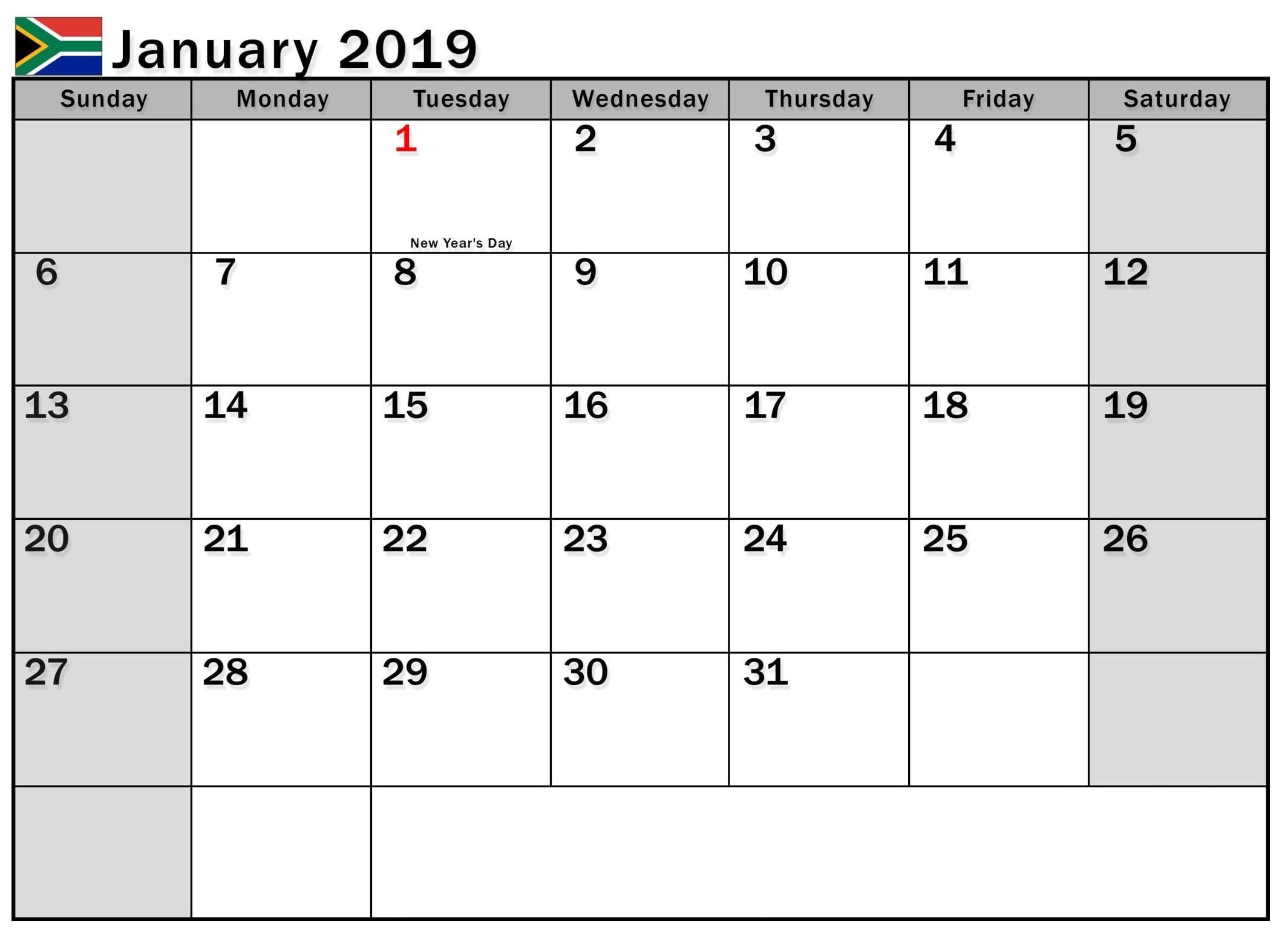 January 2019 Calendar With Holidays South Africa-Calendar Template South Africa