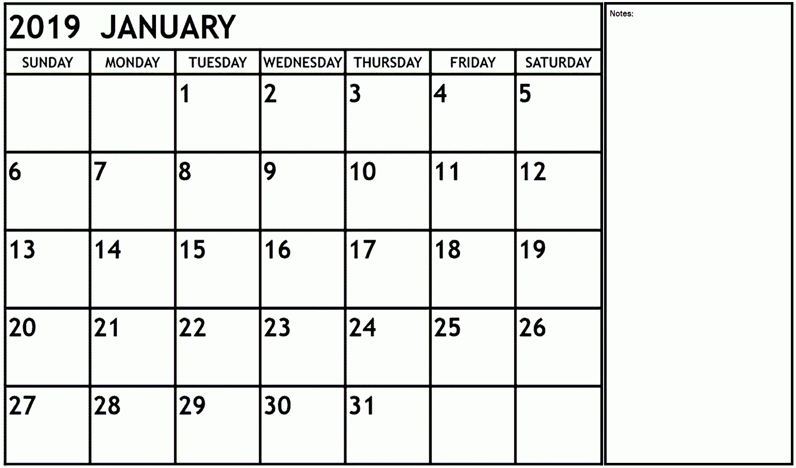 January 2019 Calendar With Notes #printable #calendar-Printable Calendar Template With Notes