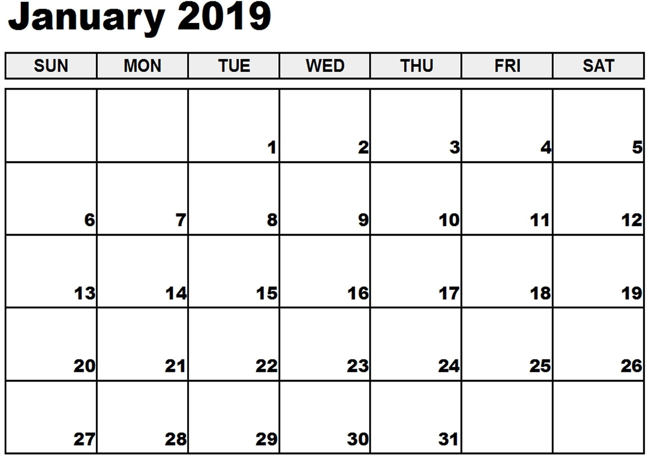 January 2019 Printable Calendar January 2019 Calendar-Blank Month Caledar Uk