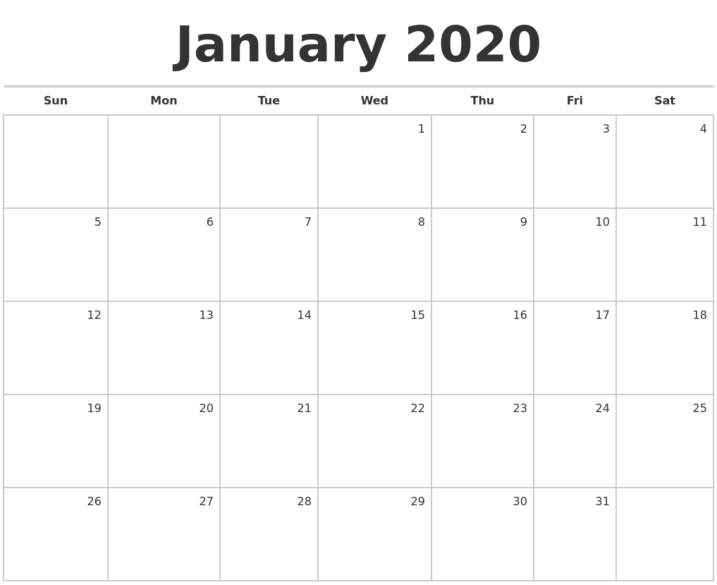 January 2020 Blank Monthly Calendar-2020 January February Calendar