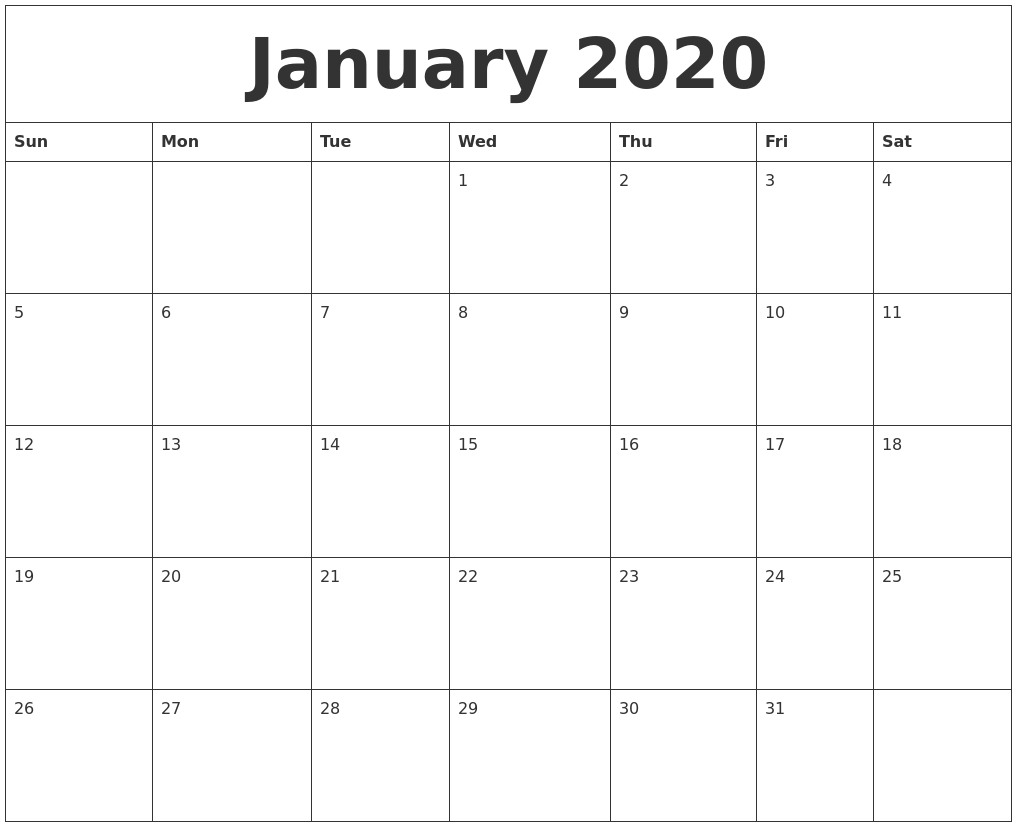 January 2020 Calendar-January 2020 Calendar Blank