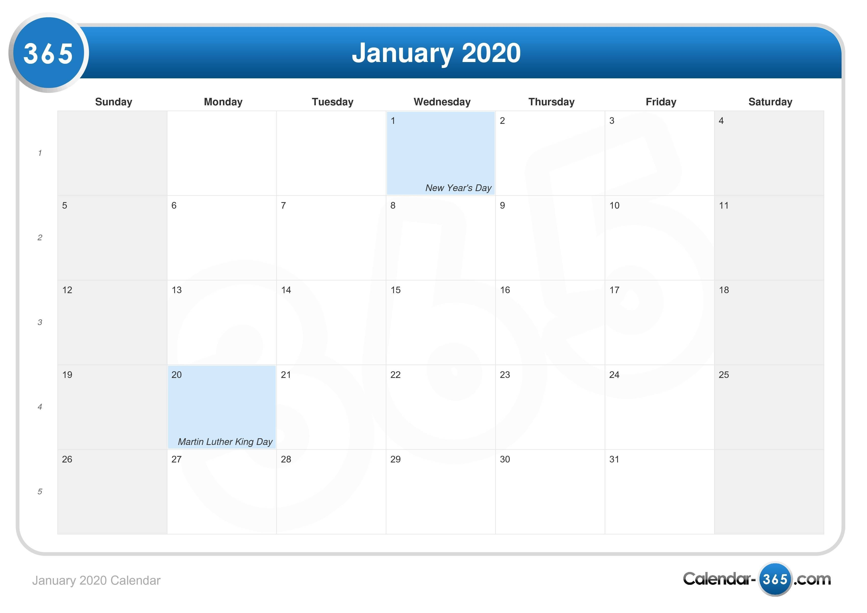 January 2020 Calendar-Las Vegas Calendar January 2020