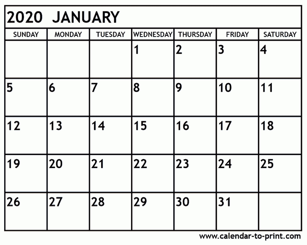 January 2020 Calendar Printable-2020 Monthly Calendar Printable