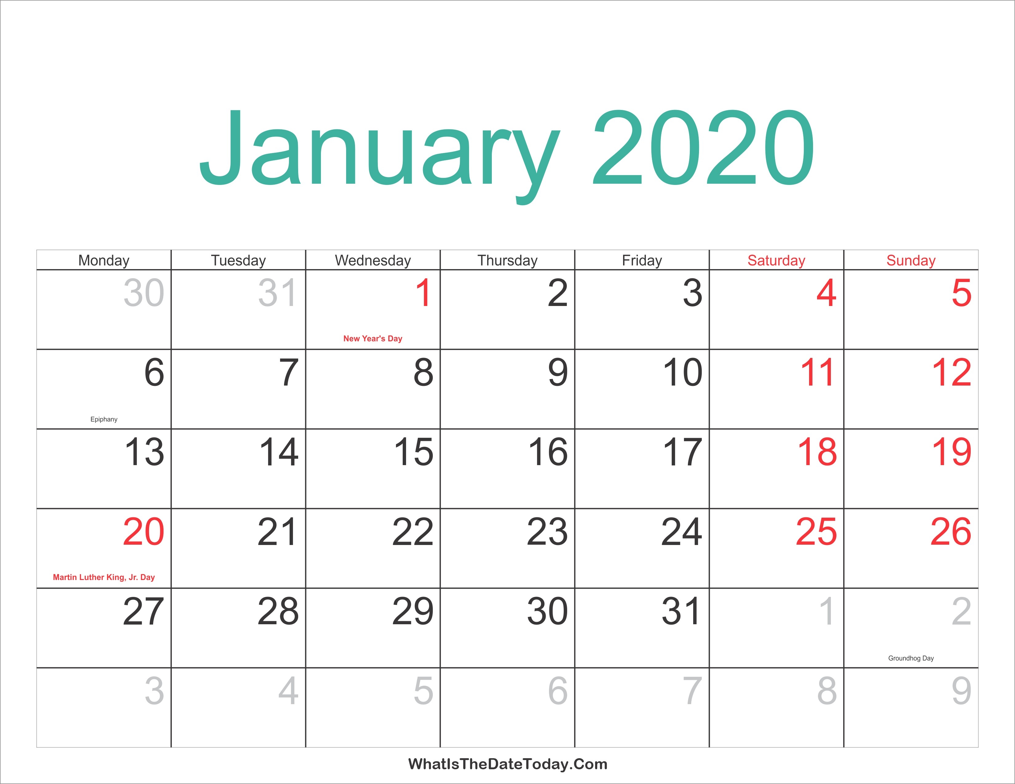 January 2020 Calendar Printable Holidays Full | Jcreview-January 2020 Calendar Holidays