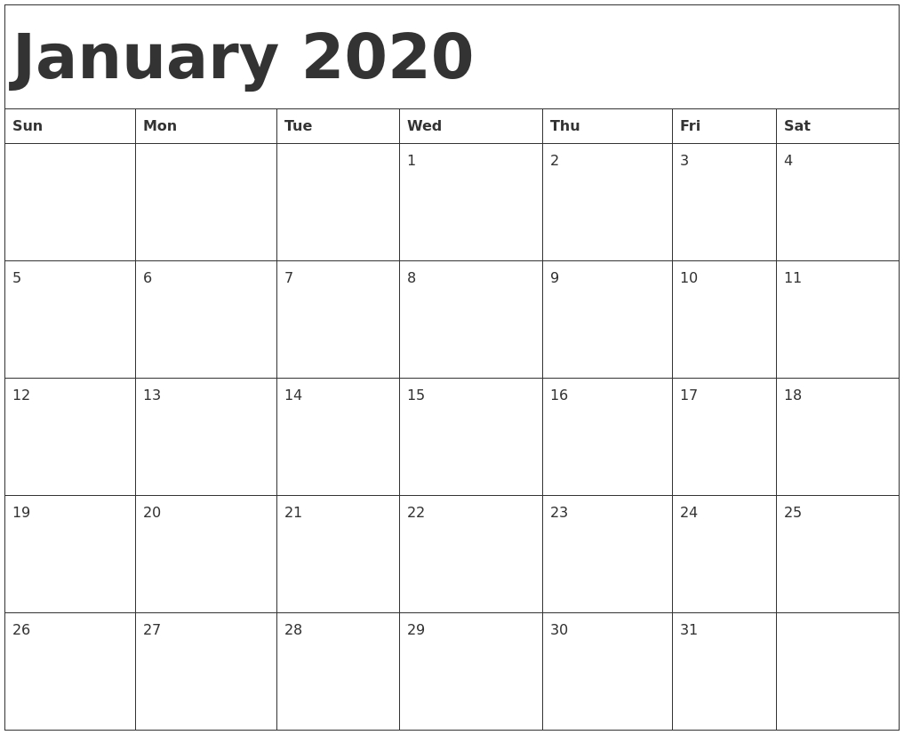 January 2020 Calendar Template-2020 Calendar Templates Monday - Sunday