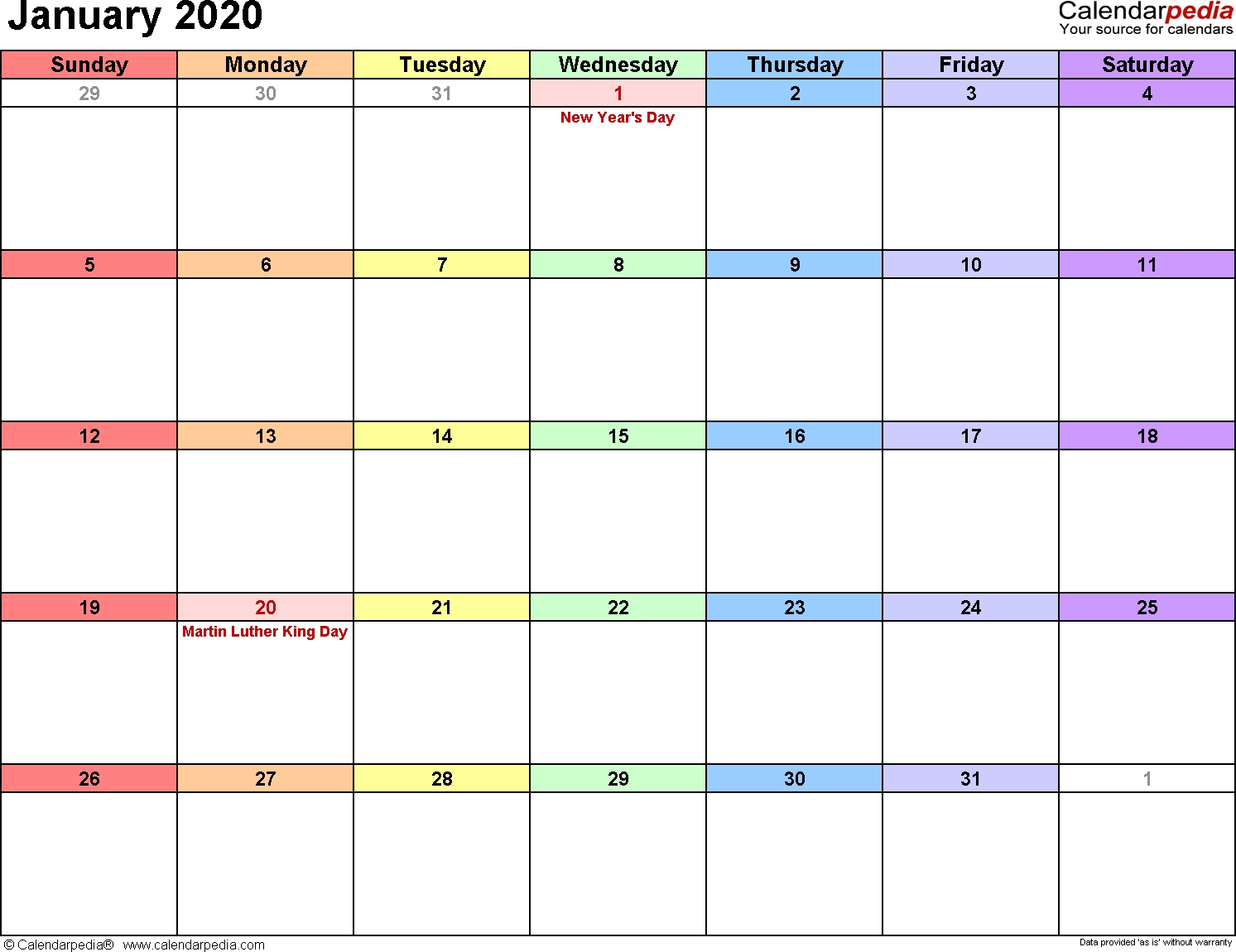 January 2020 Calendars For Word, Excel &amp; Pdf-Fillable January 2020 Calendar