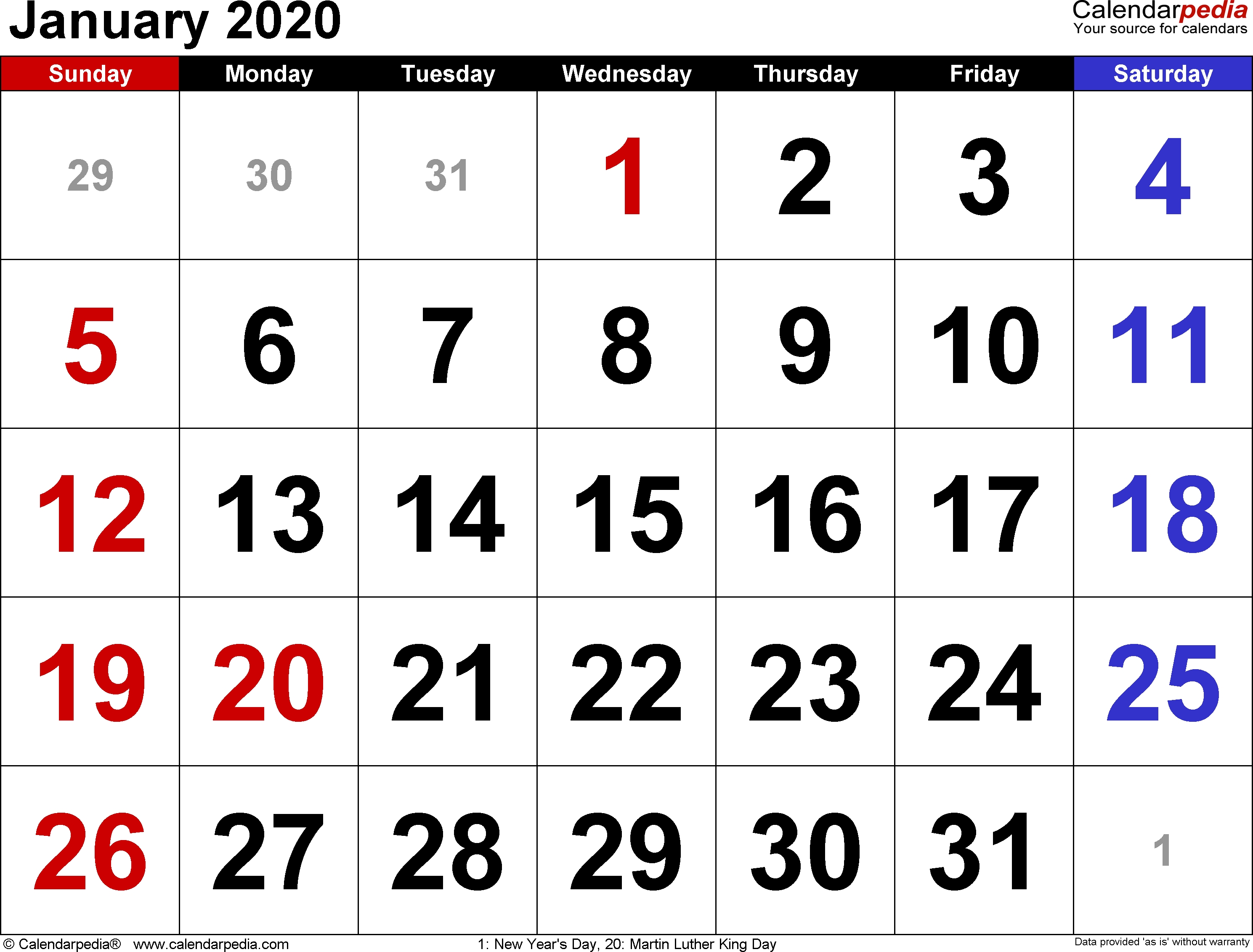 January 2020 Calendars For Word, Excel &amp; Pdf-January 2020 Calendar Download