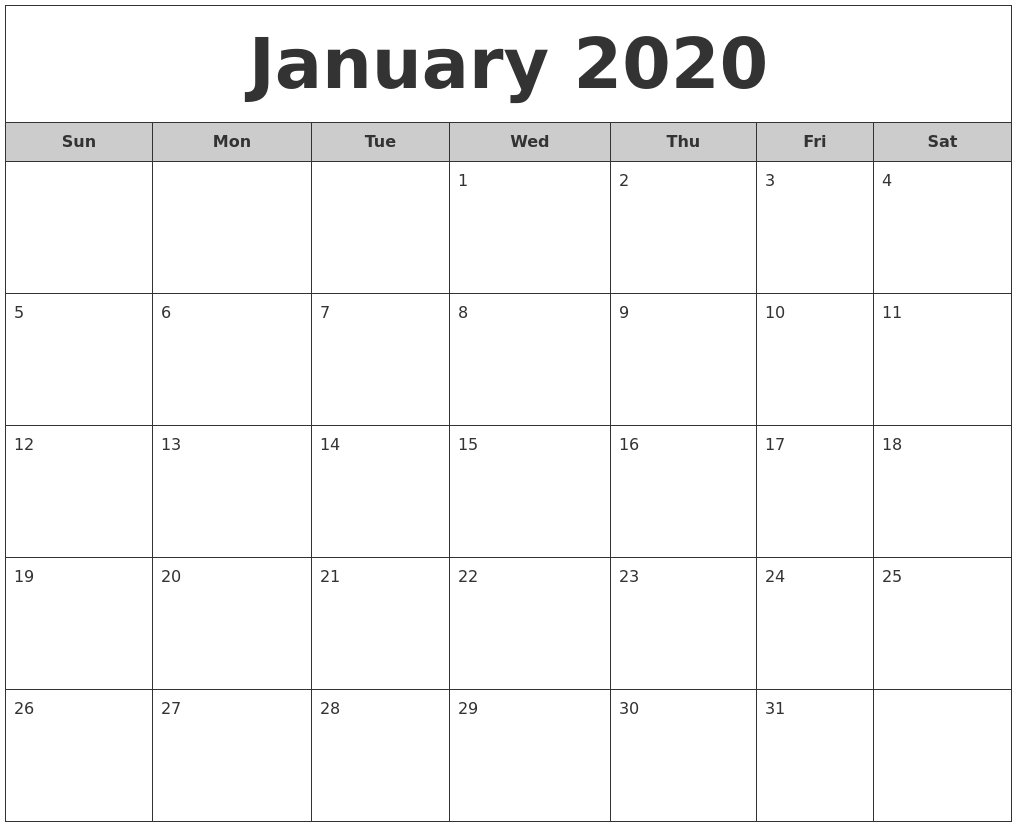 January 2020 Free Monthly Calendar-2020 January February Calendar